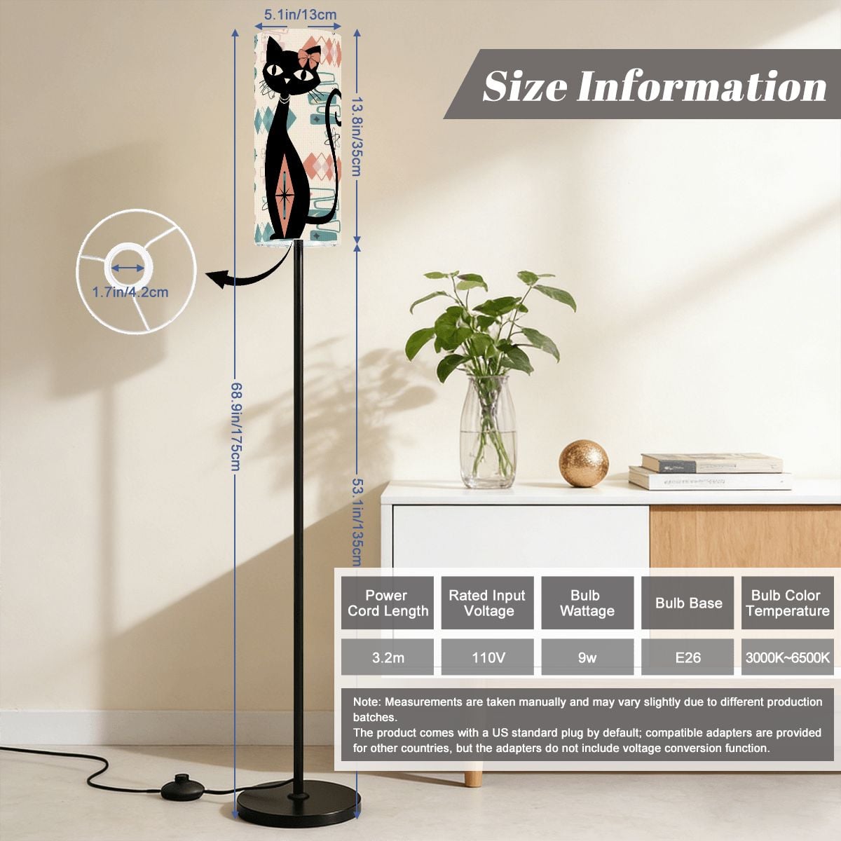 Atomic Cat Mid Century Modern Slim Floor Lamp, Retro 1950s Geometric Accent Lighting