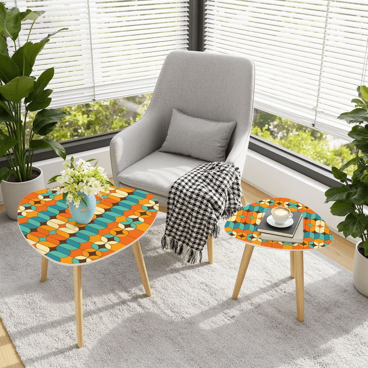 70s Retro Geometric Mid Century Modern Nesting Tables, Set of 2