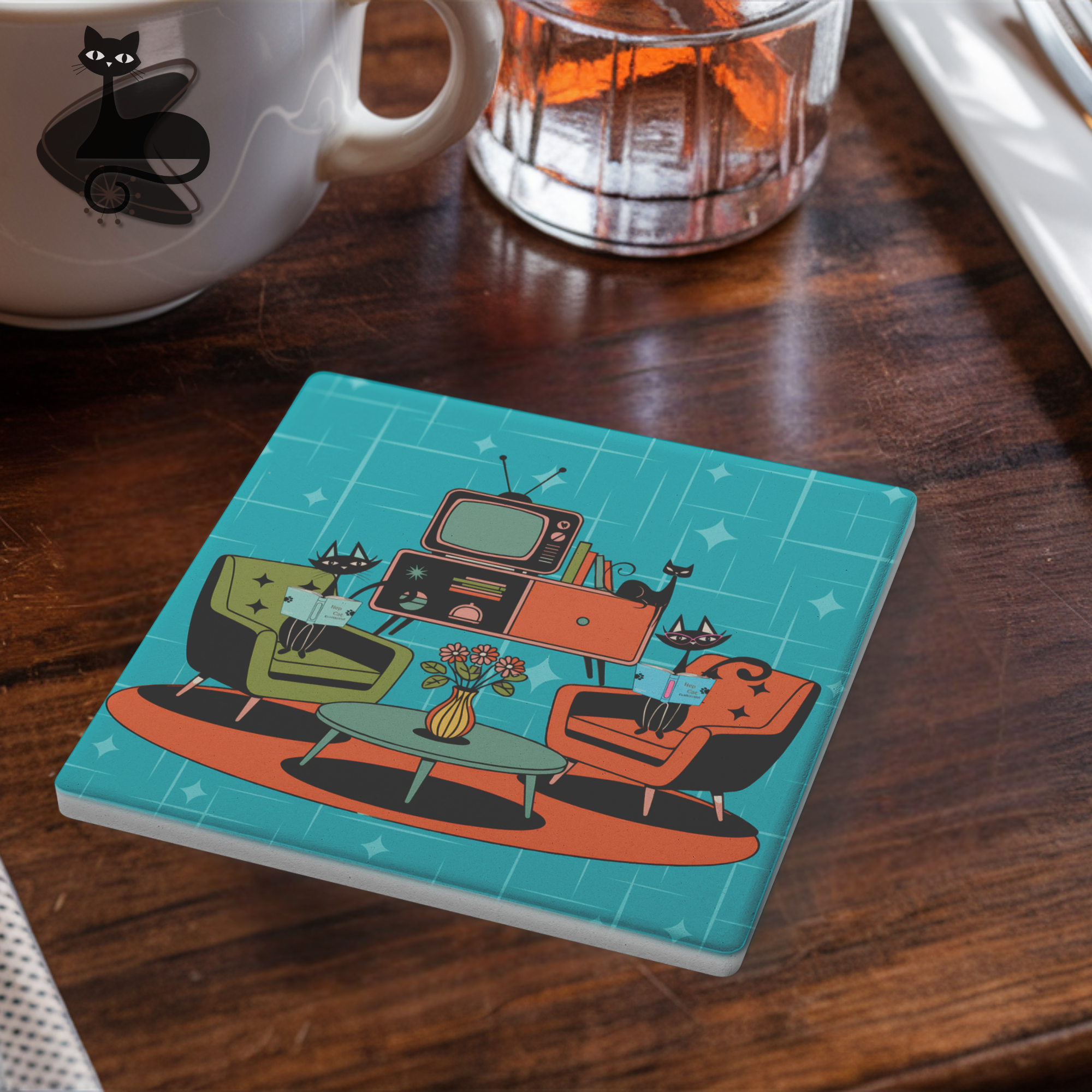 Atomic Cat Reading Lounge Coasters, Mid Century Modern 50s Drinkware