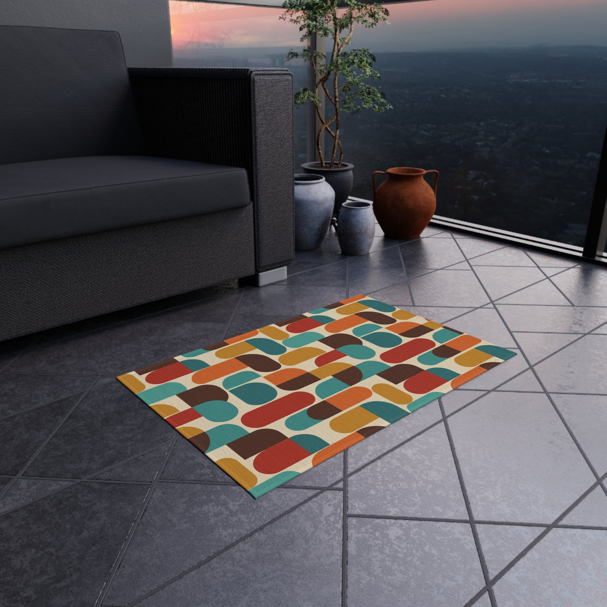 Groovy 70s Mod Geometric Mid Century Modern Outdoor Patio Rug