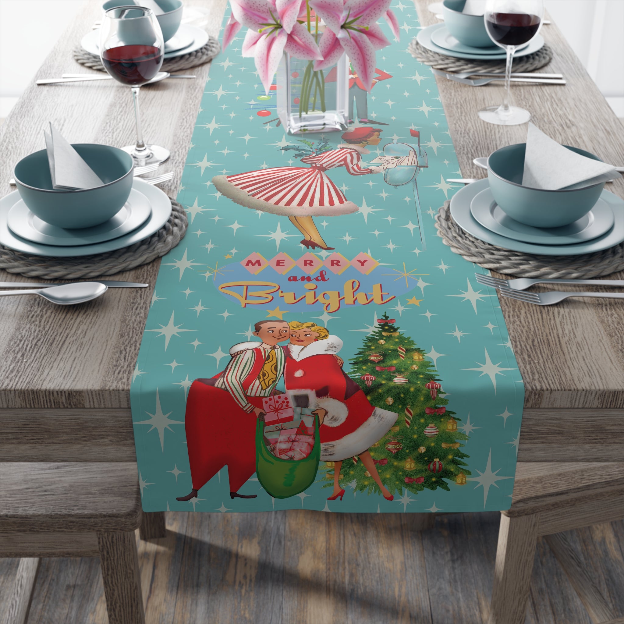 Merry and Bright Retro 1950s Mid Century Modern Christmas Table Runner