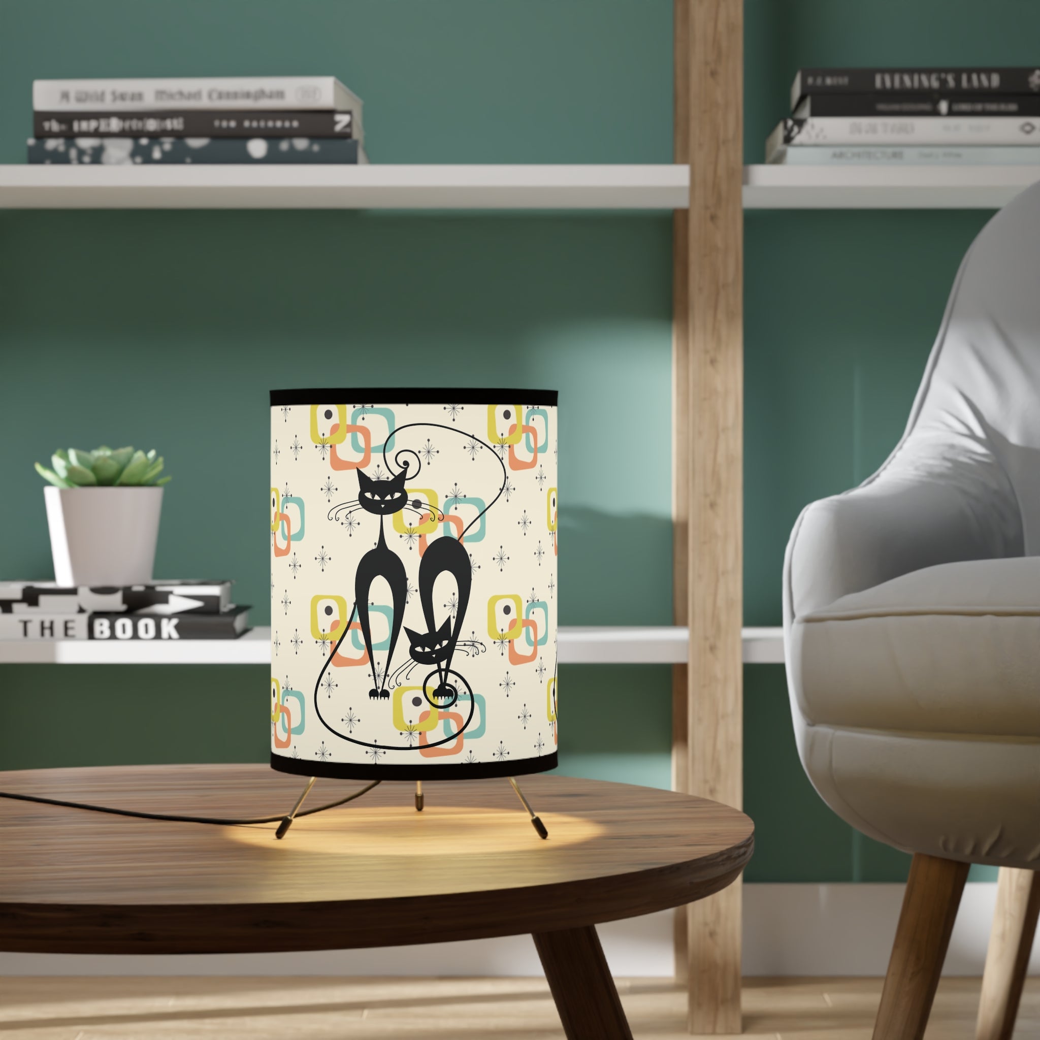 Mid Mod Atomic Cat Dreibeinlampe, 50er Retro Geometrische Starburst Tischleuchte, MCM 50er Jahre Stil Dekor