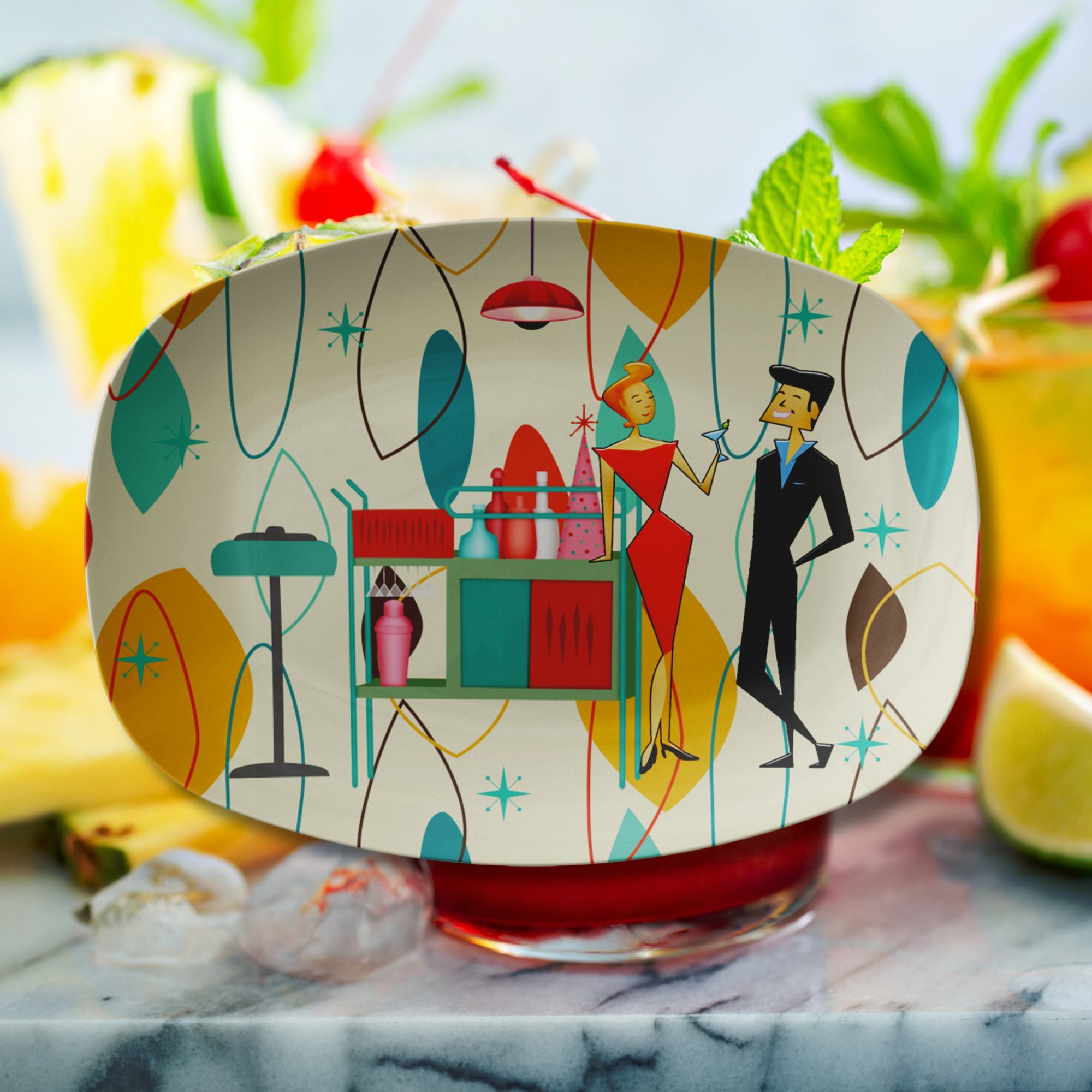 Bandeja para servir cócteles de estilo kitsch moderno de mediados de siglo, bandeja para aperitivos retro de los años 50 con diseño de estrella atómica