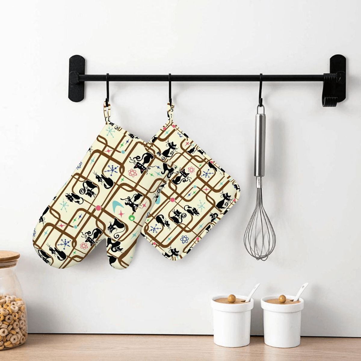 Atomic Cat Mid Century Modern Retro Oven Mitt Pot Holder Set (Right)