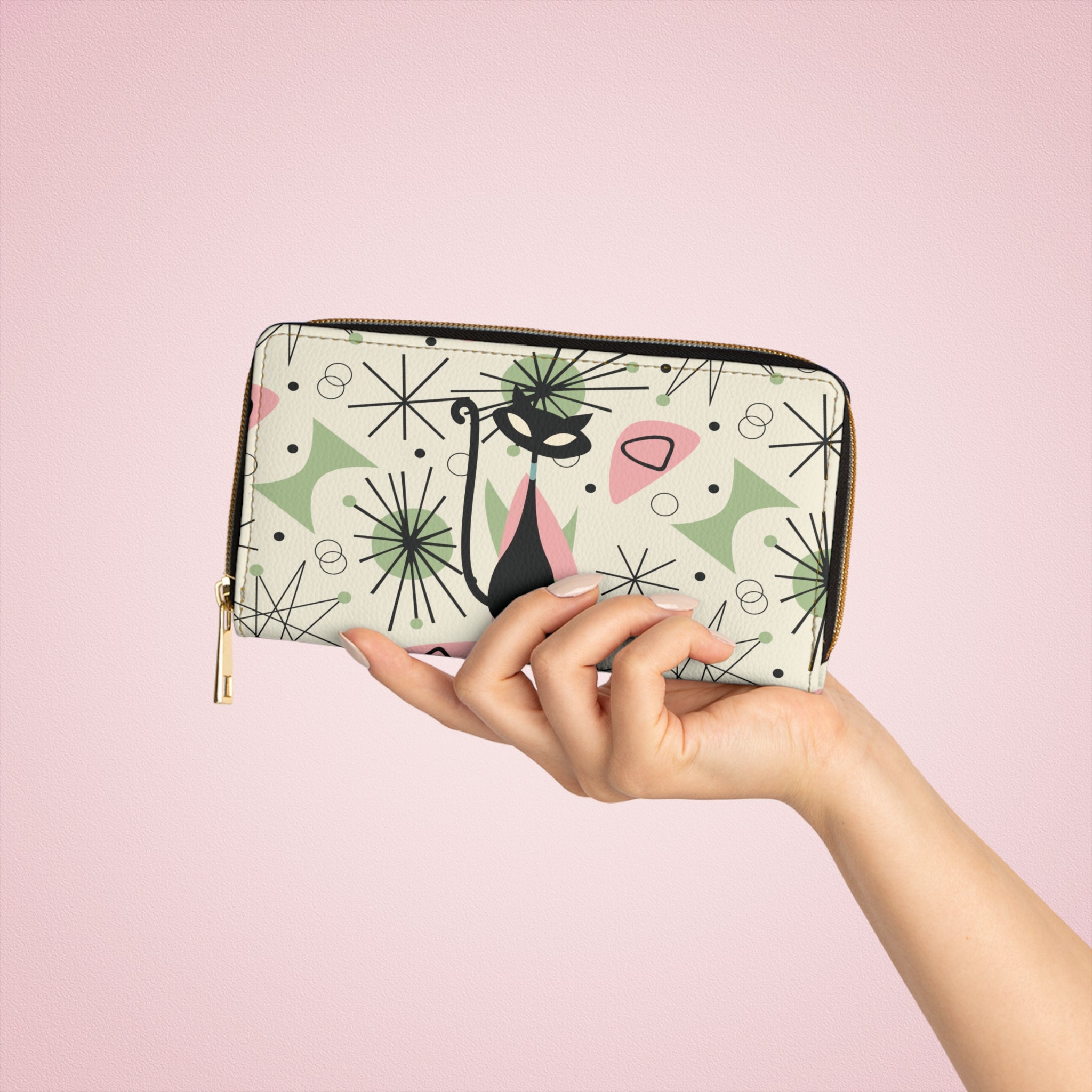 Atomic Cat Kitschy Mid Century Modern Retro 50s Zip Around Wallet