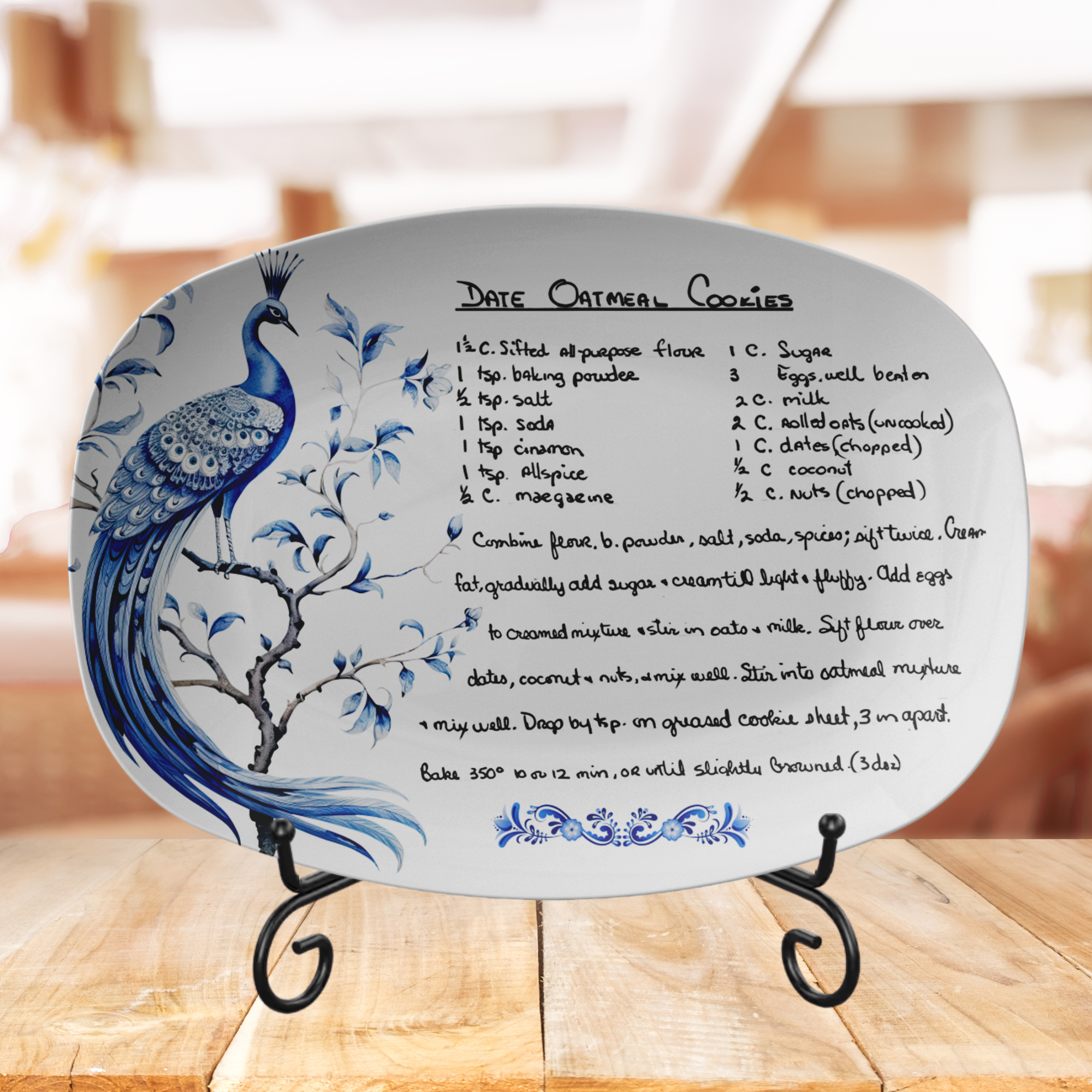 Custom Recipe Platter Chinoiserie Blue Peacock, Personalized Farmhouse Family Keepsake Tray