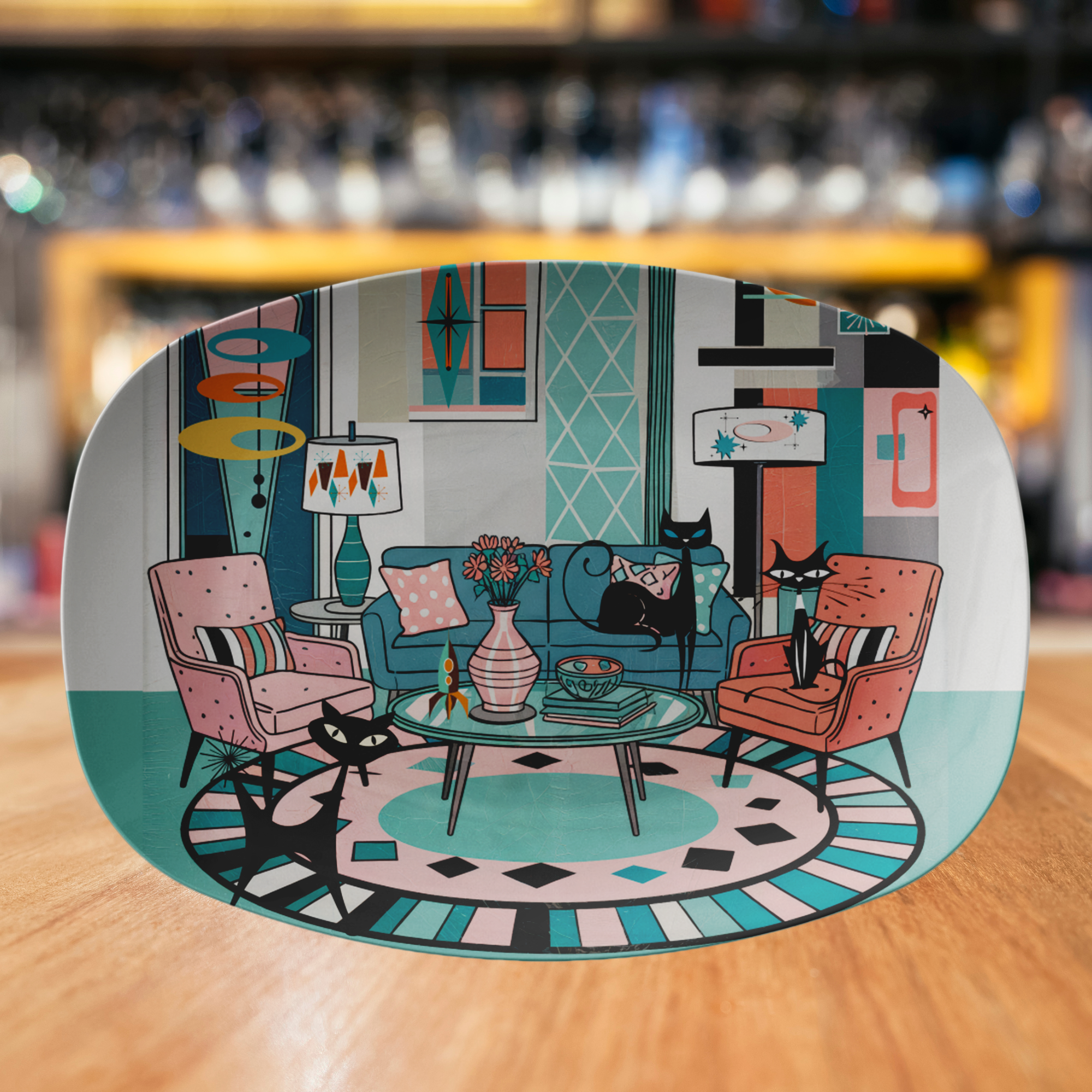 Mod Lounge Atomic Cat Platter, Retro Mid Century Modern Kitsch Dinnerware, 50s Sputnik Table Tray