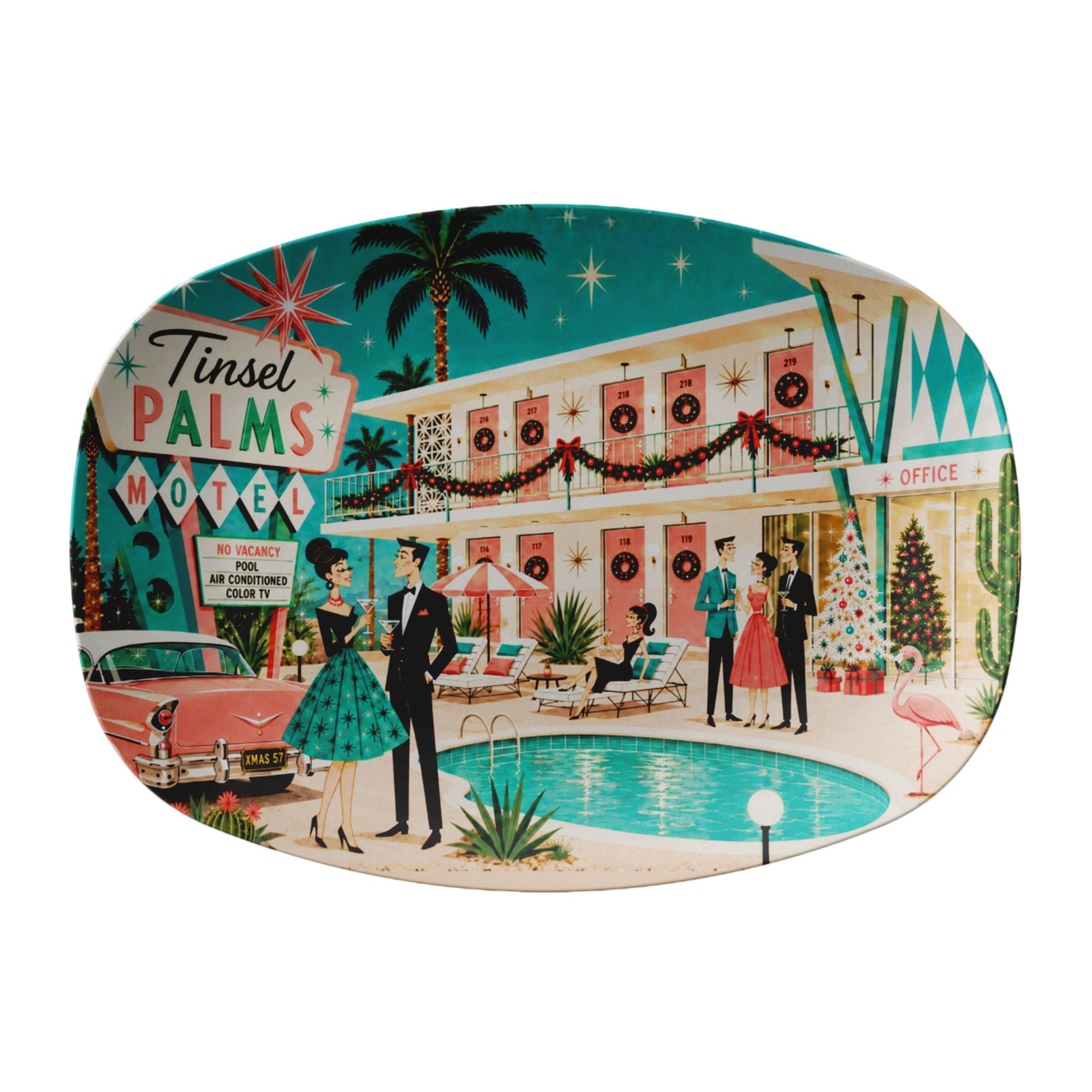 Palm Springs Mid Century Modern Christmas Platter, Retro Tinsel Palms Motel