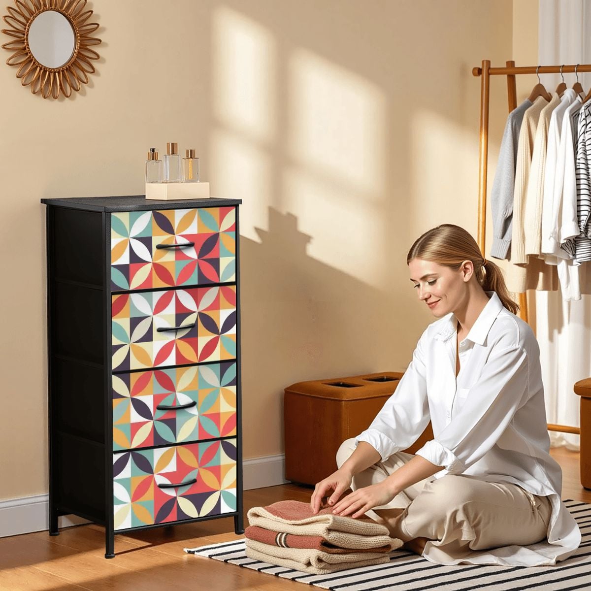 Mid Century Modern Retro Kaleidoscope Pinwheel 4 Drawer Dresser