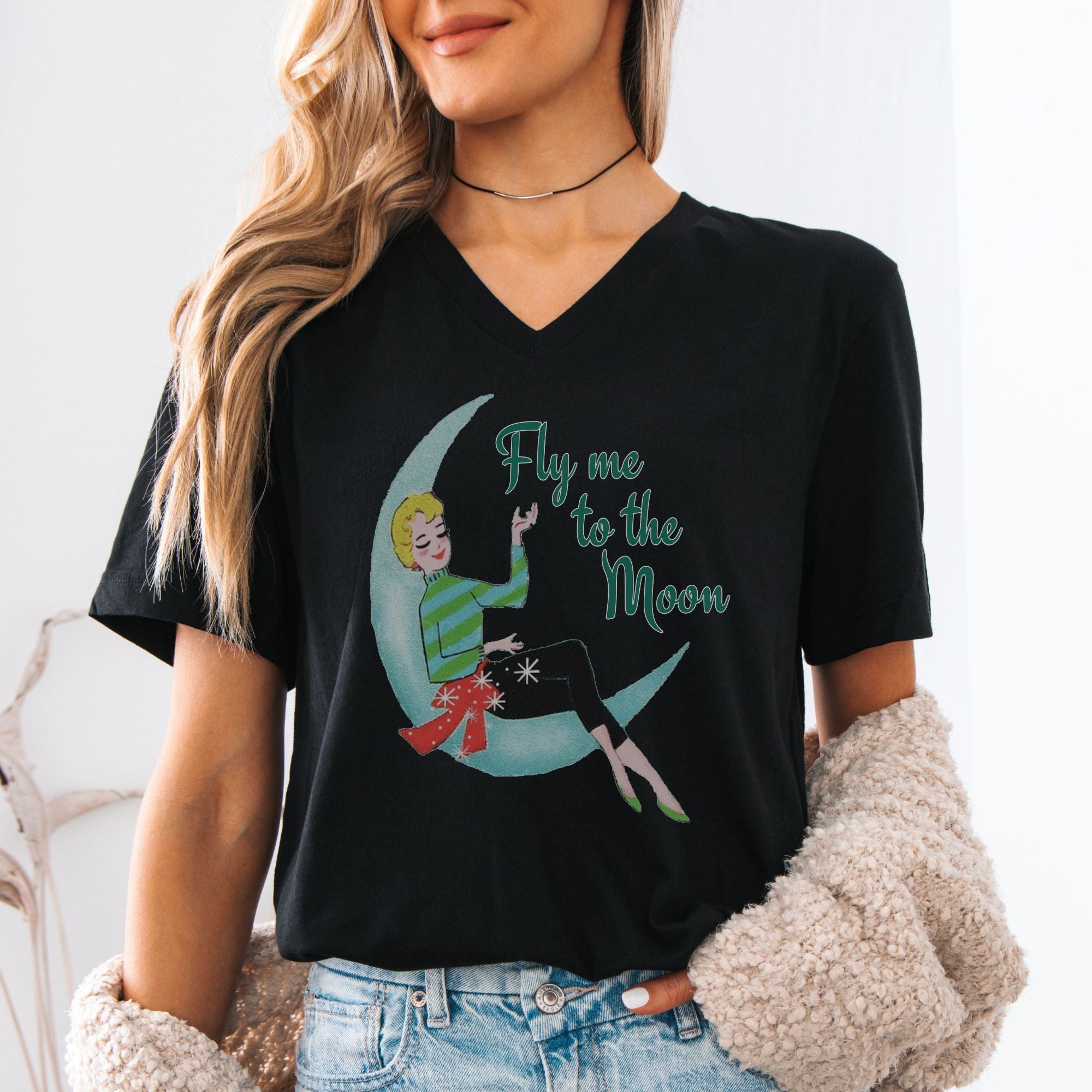 Fly Me to the Moon Retro Mid Century Modern Kitsch V Neck T Shirt