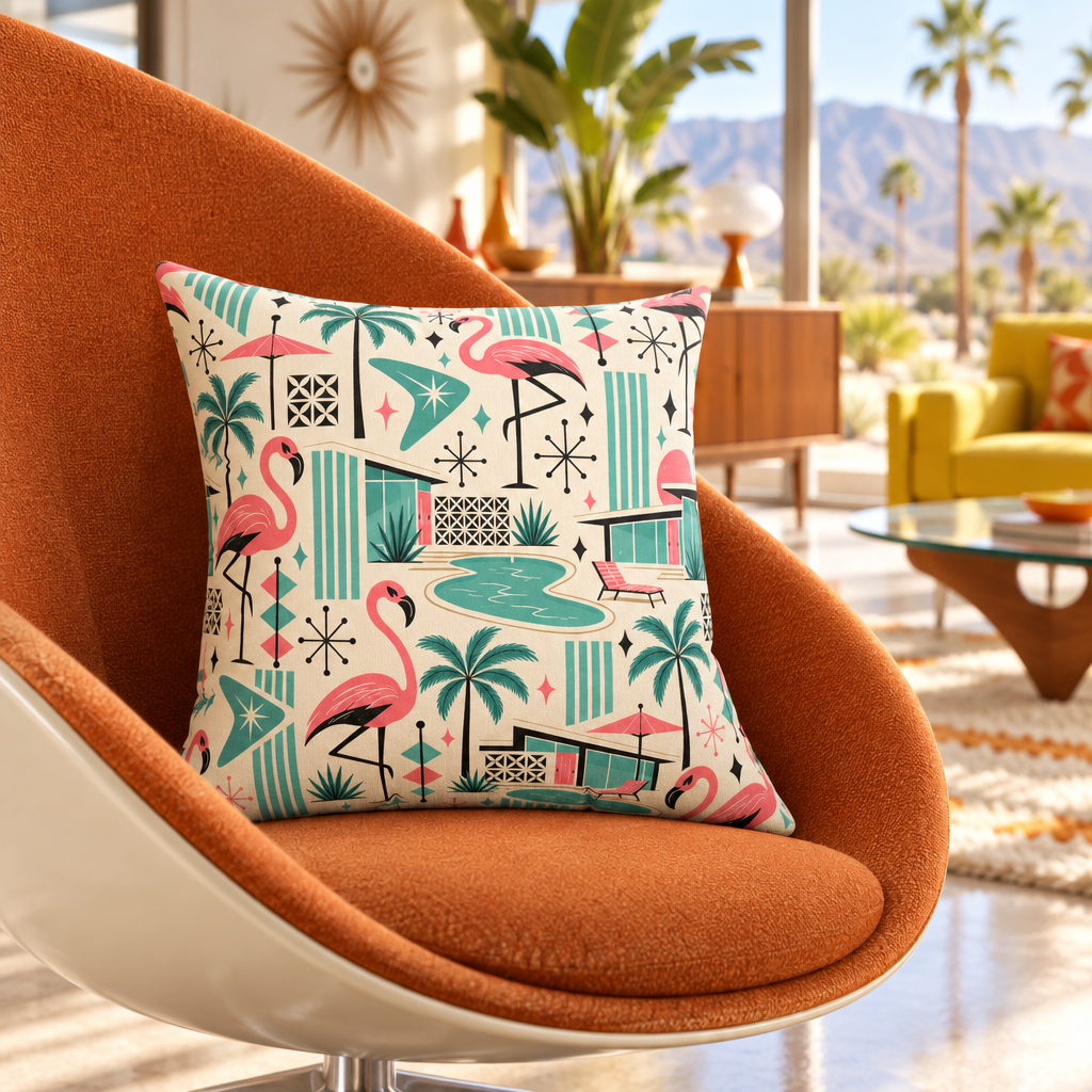 Palm Springs Flamingo Mid Century Modern Retro Throw Pillow