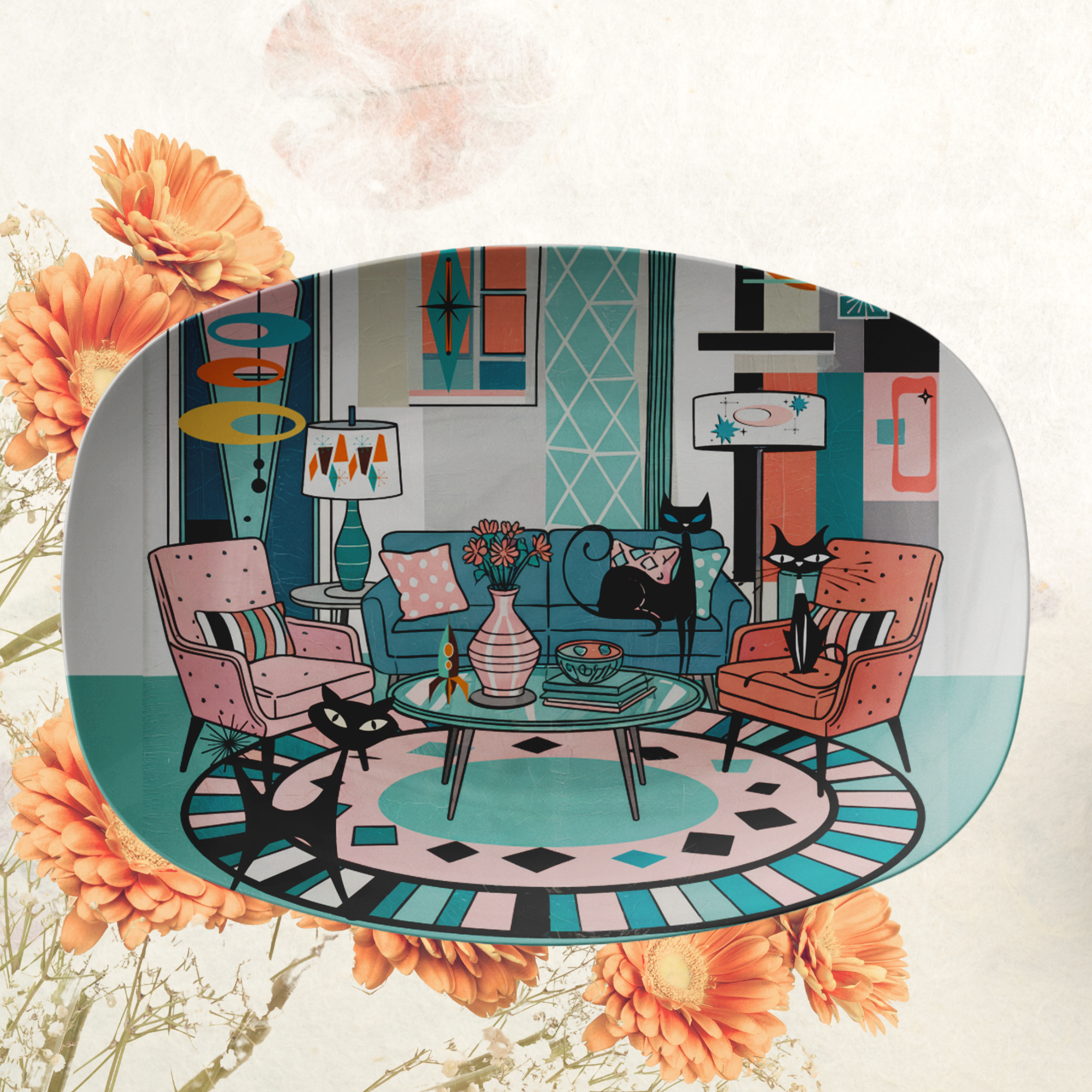 Mod Lounge Atomic Cat Platter, Retro Mid Century Modern Kitsch Dinnerware, 50s Sputnik Table Tray