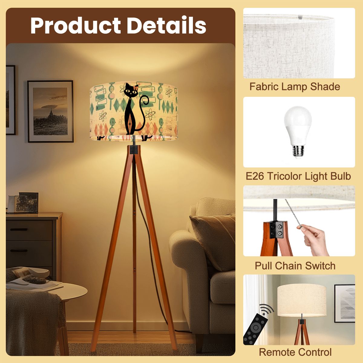 Atomic Cat Mid Century Modern Tripod Floor Lamp, Retro 1950S Geometric Accent Lighting