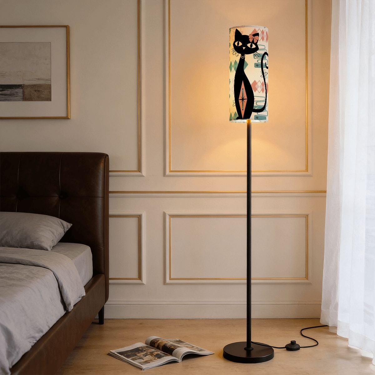 Atomic Cat Mid Century Modern Slim Floor Lamp, Retro 1950s Geometric Accent Lighting