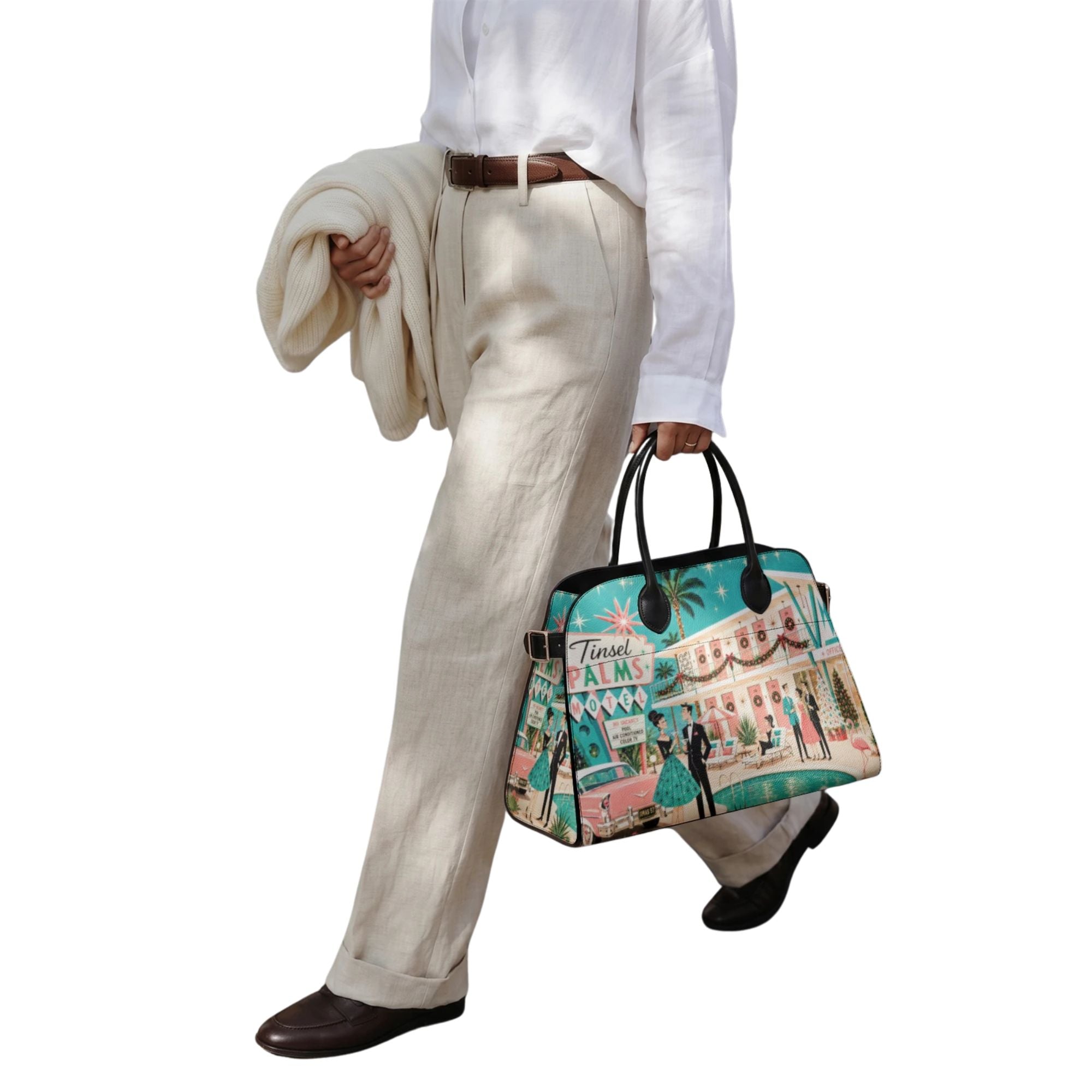 Palm Springs Mid Century Christmas Satchel, Tinsel Palms Motel Handbag
