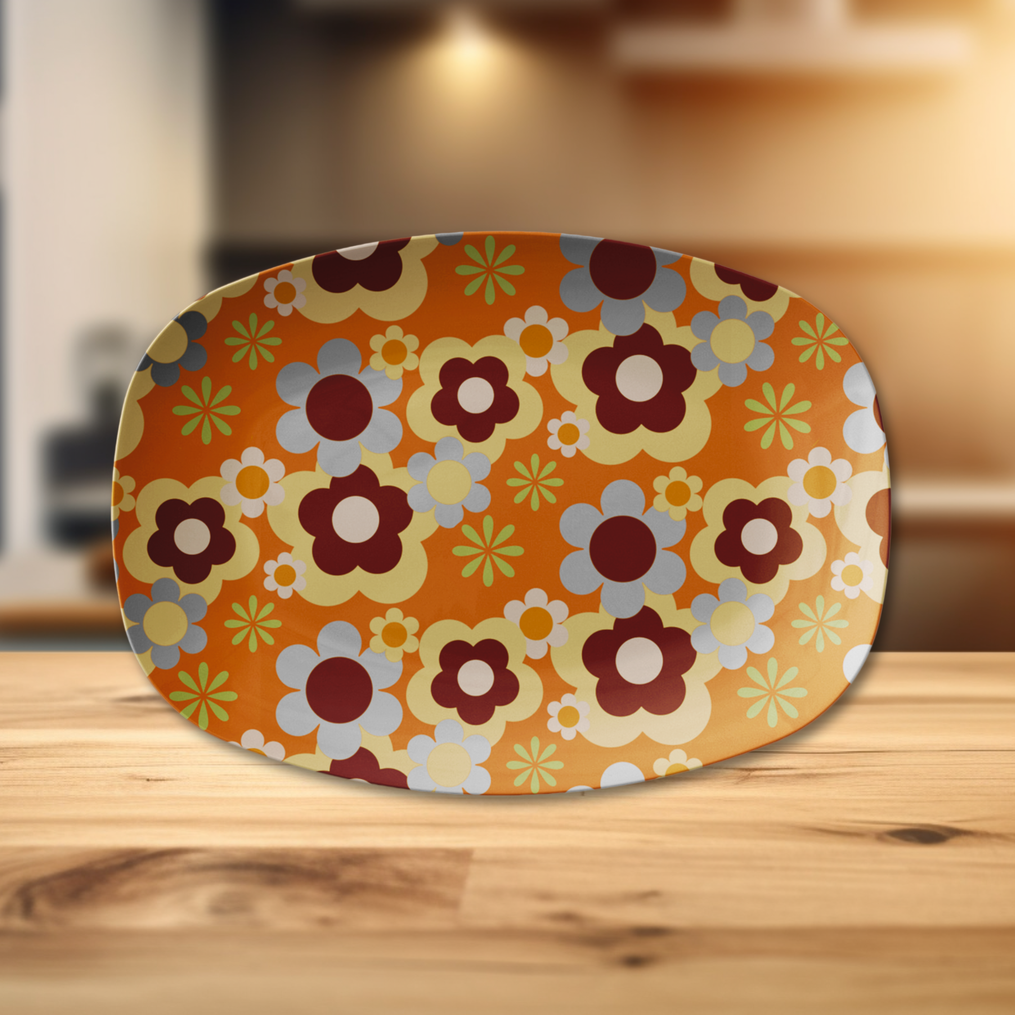 Retro 70s Flower Power Platter, Mid Century Modern Groovy Orange Brown Serving Tray