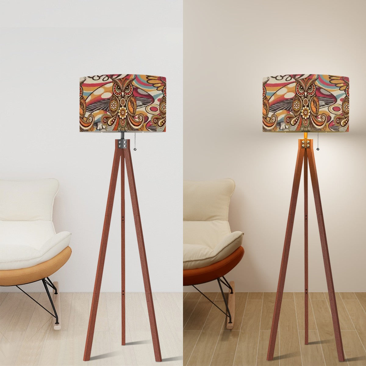 Psychedelic Owl Mushroom Drum Lampshade, Retro 1970s Boho Decor