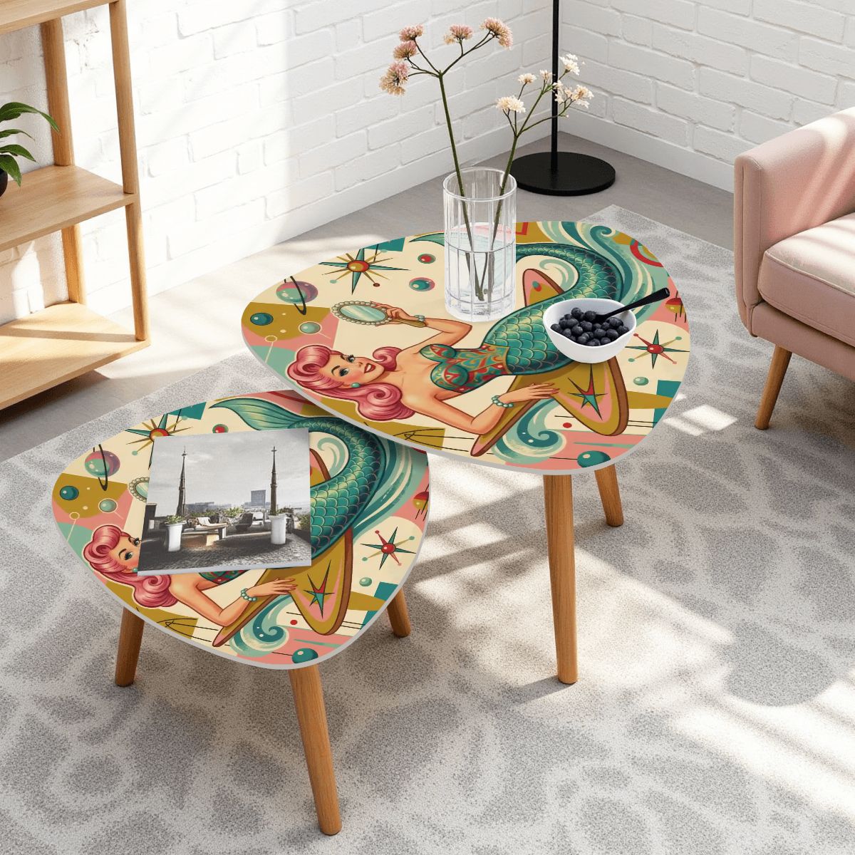 Kitschy 1950s Retro Mermaid Atomic Starburst Nesting Tables