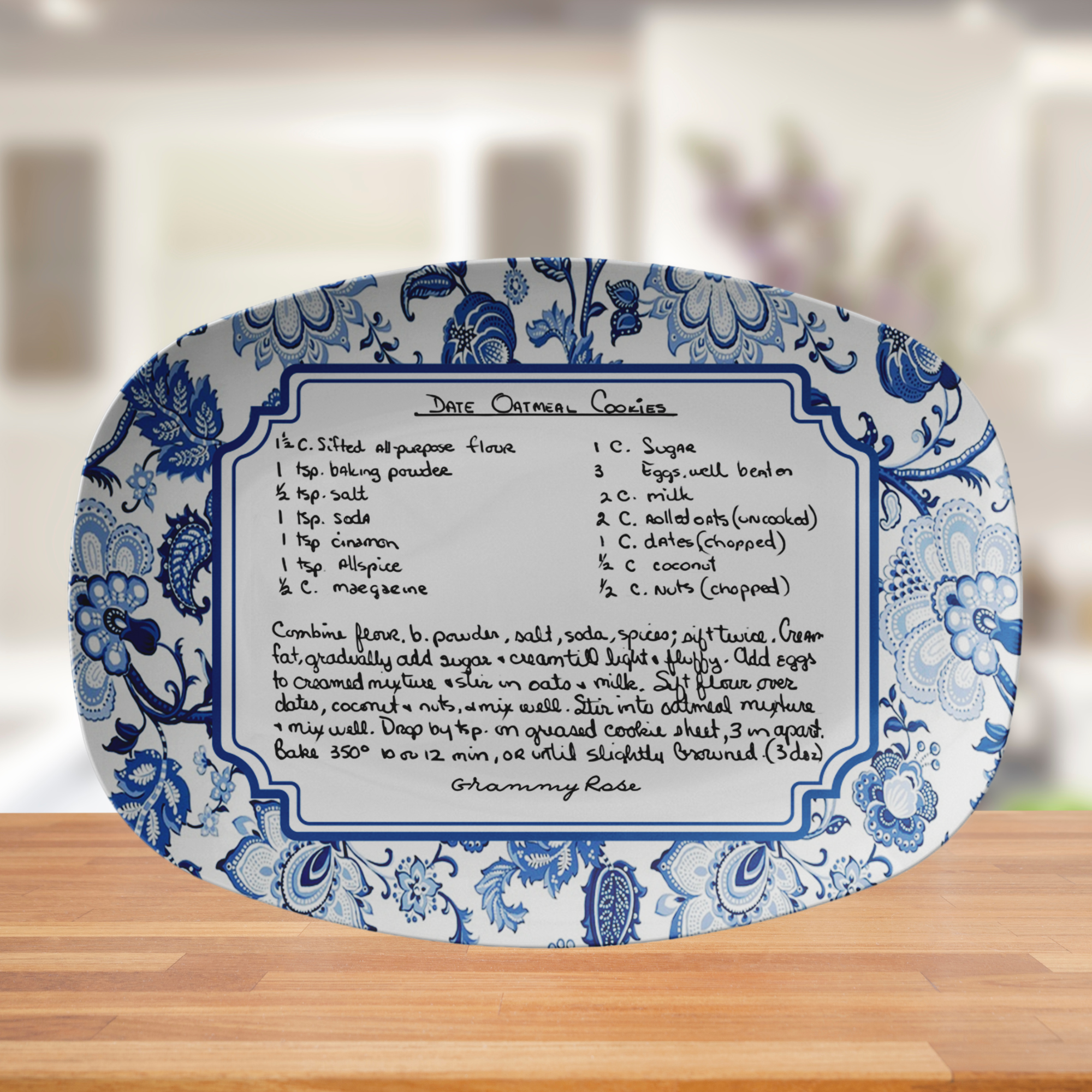 Custom Handwritten Recipe Blue Chinoiserie Platter, Personalized Farmhouse Floral Heirloom Dinnerware, Jacobean Recipe Family Keepsake Tray