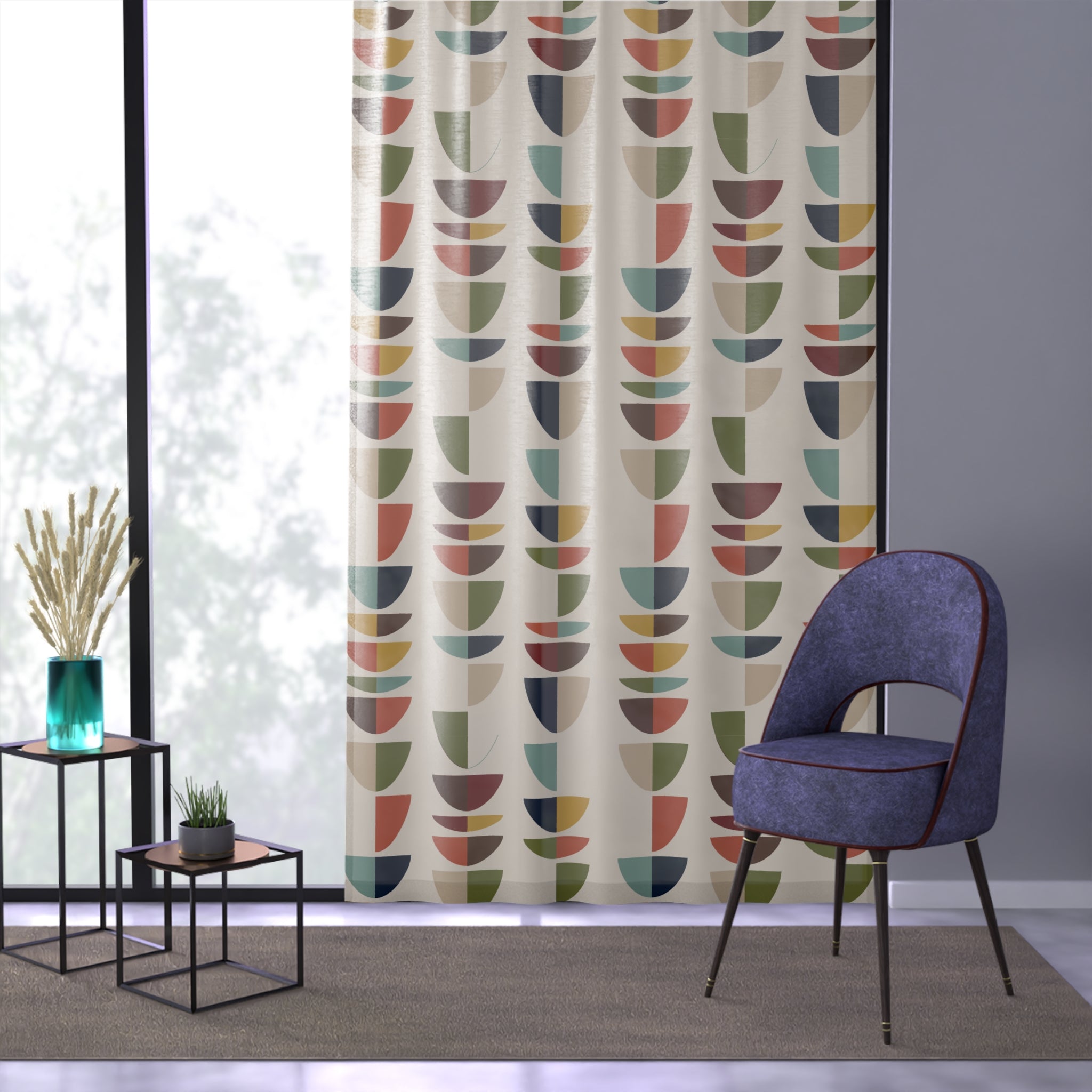 Mid Century Modern Retro Geometric Abstract Sheer Curtain Panel