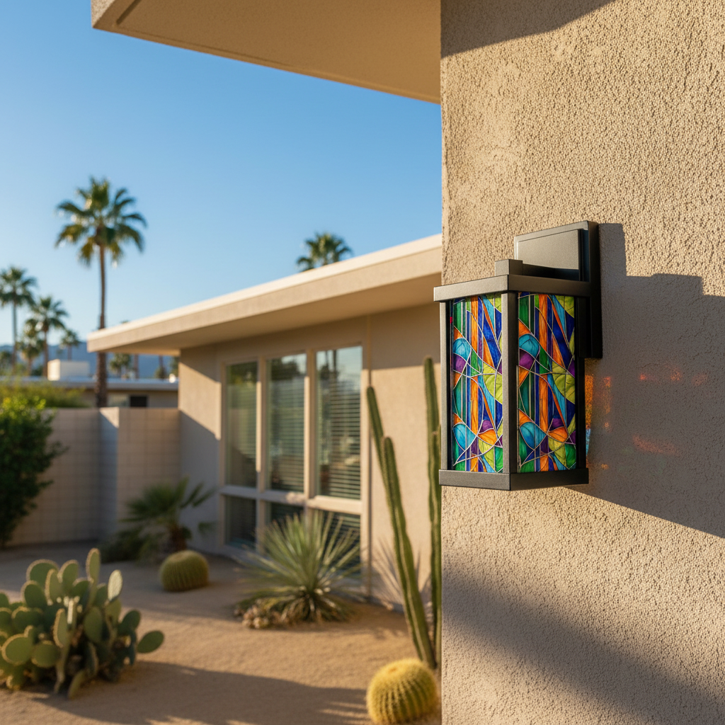 Decorative outdoor light fixture on a house exterior with cacti and palm trees in the background.