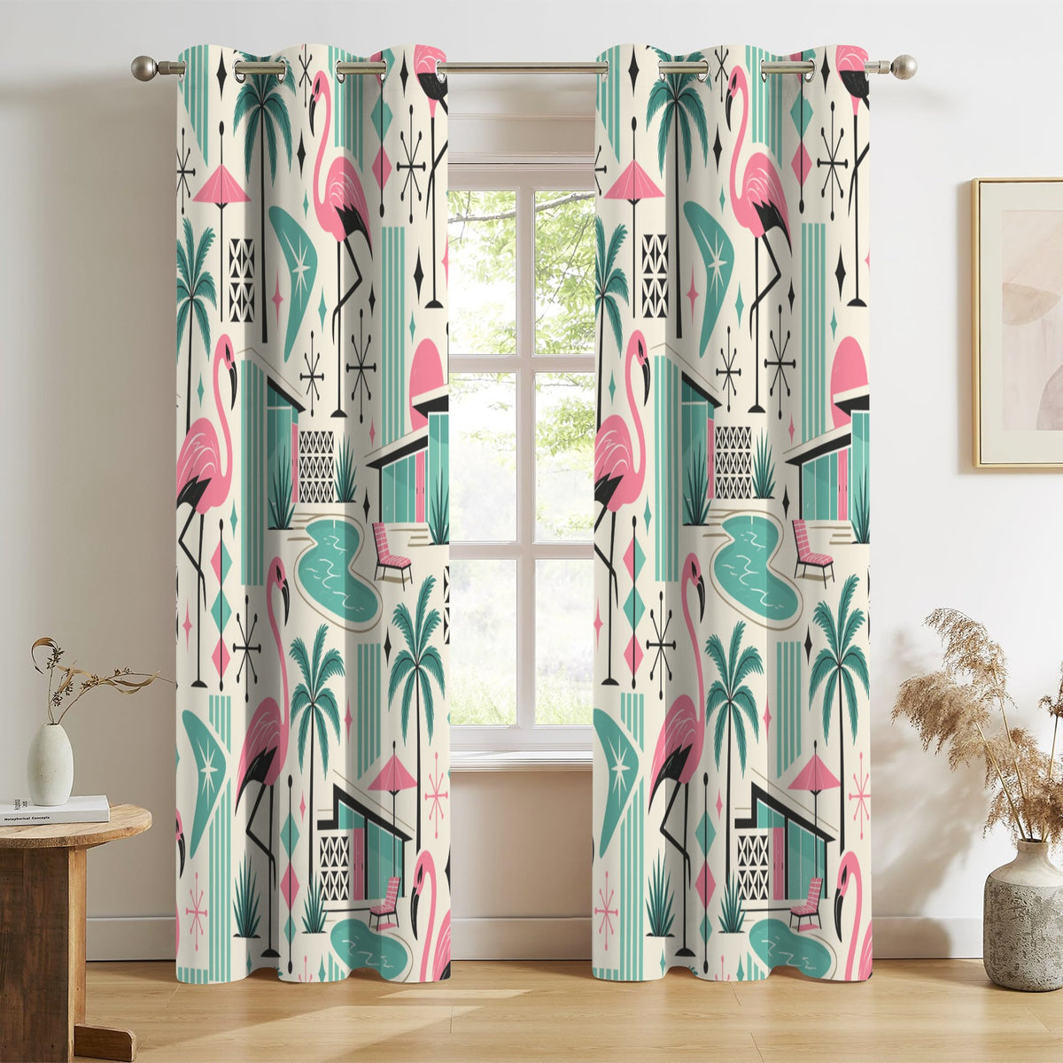 Palm Springs Flamingo Mid Century Modern Grommet Curtain Panels