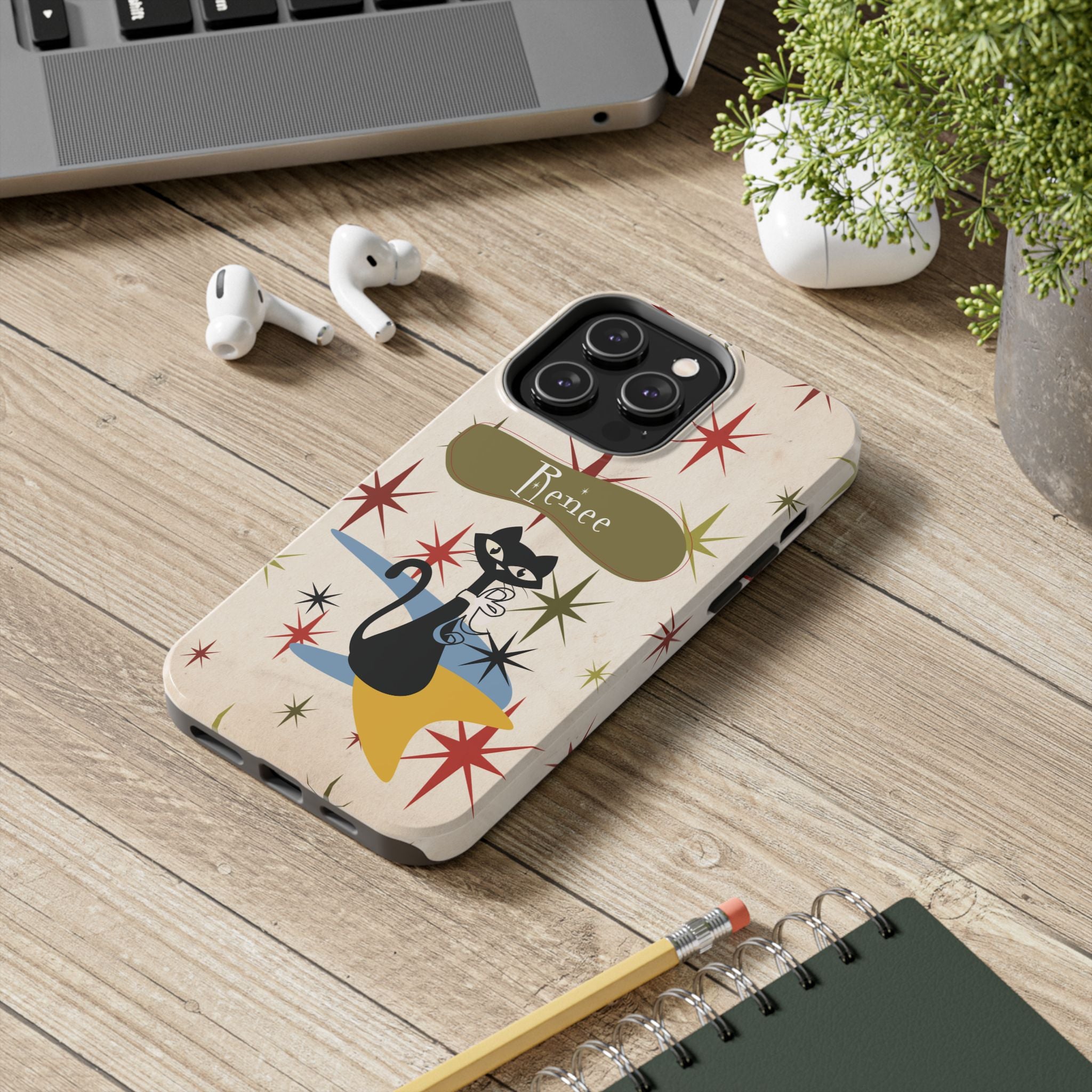 Personalized Atomic Cat Tough IPhone 14 & 15 Cases, Mid Century Modern, Retro Kitschy Starburst, Christmas Gifts, MCM Holiday Gift