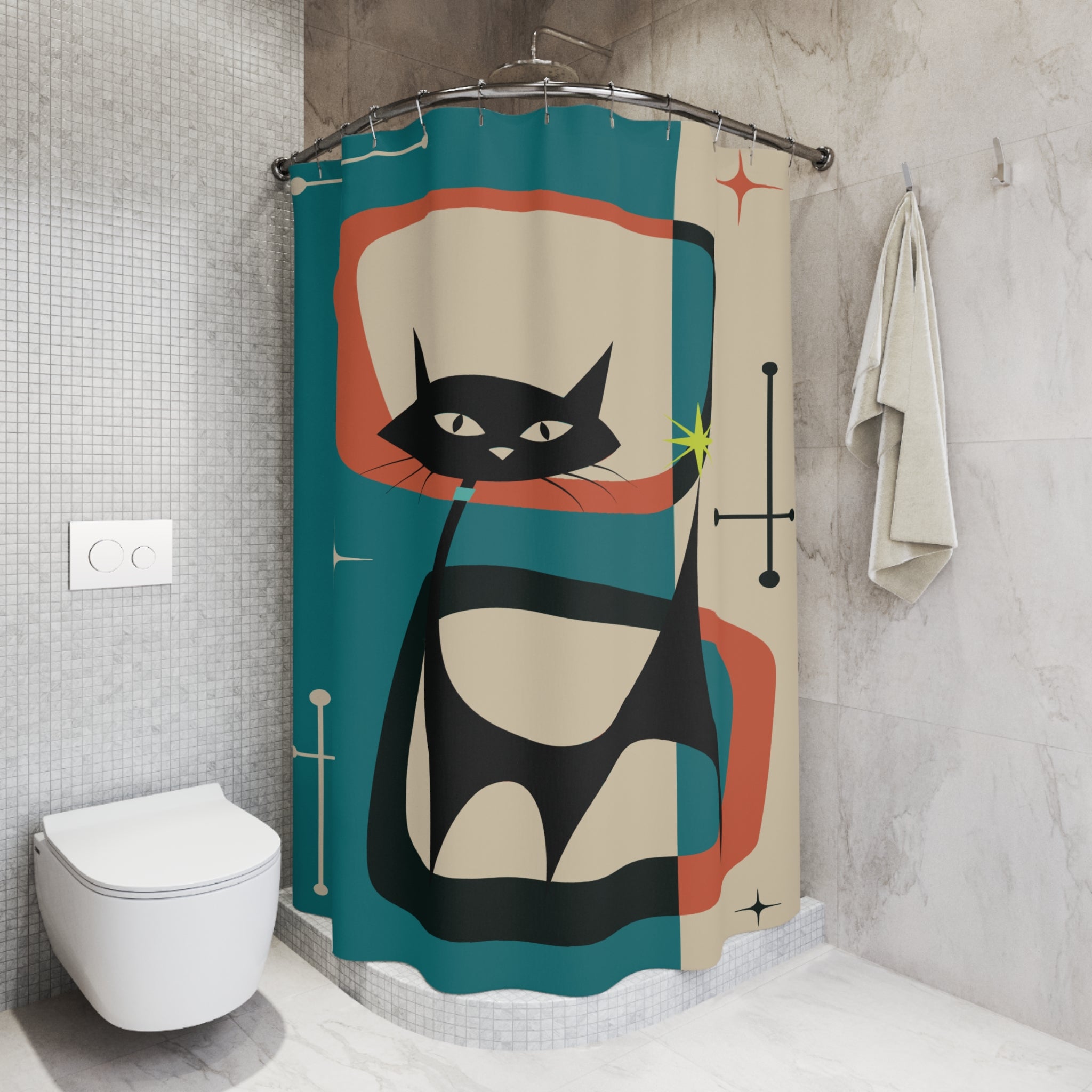 Atomic Cat Duschvorhänge, Mid Century Modern Geometrisch Teal Blau, Gebranntes Orange, Creme MCM Starburst Badevorhänge, Retro Badezimmer Dekor