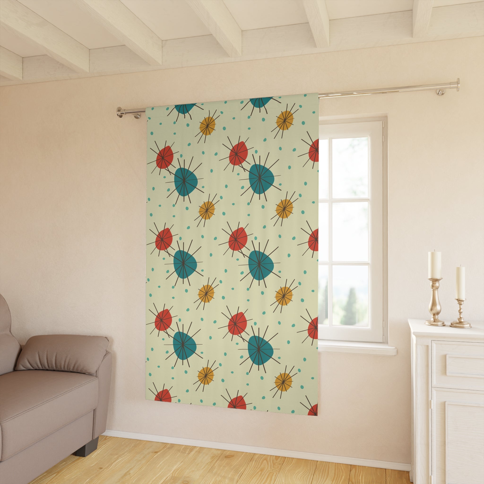 Kate McEnroe New York Mid Century Starburst Curtains - Atomic Beige, Teal, Orange - Retro Window PanelsWindow Curtains