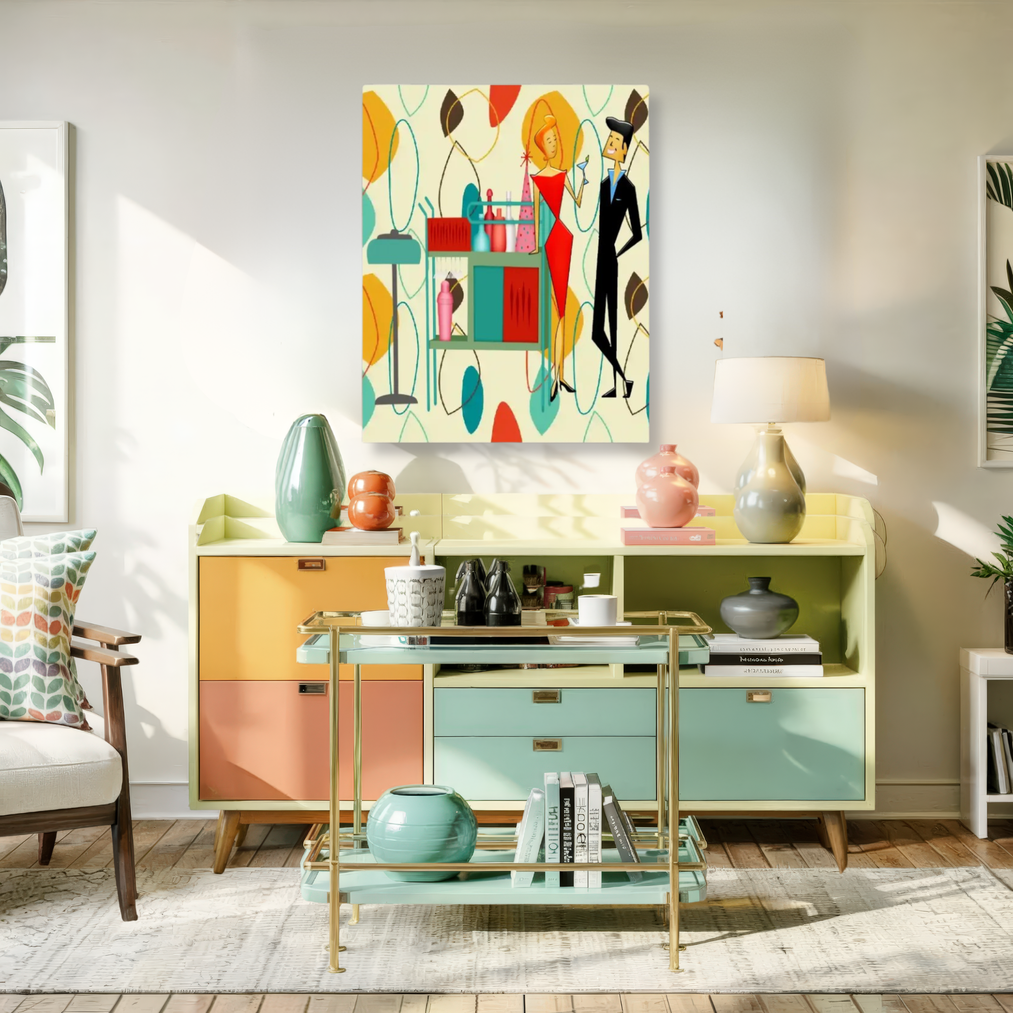 Retro Vintage 50s Kitsch Cocktail Bar Canvas Art, Mid Century Modern Lounge Wall Decor