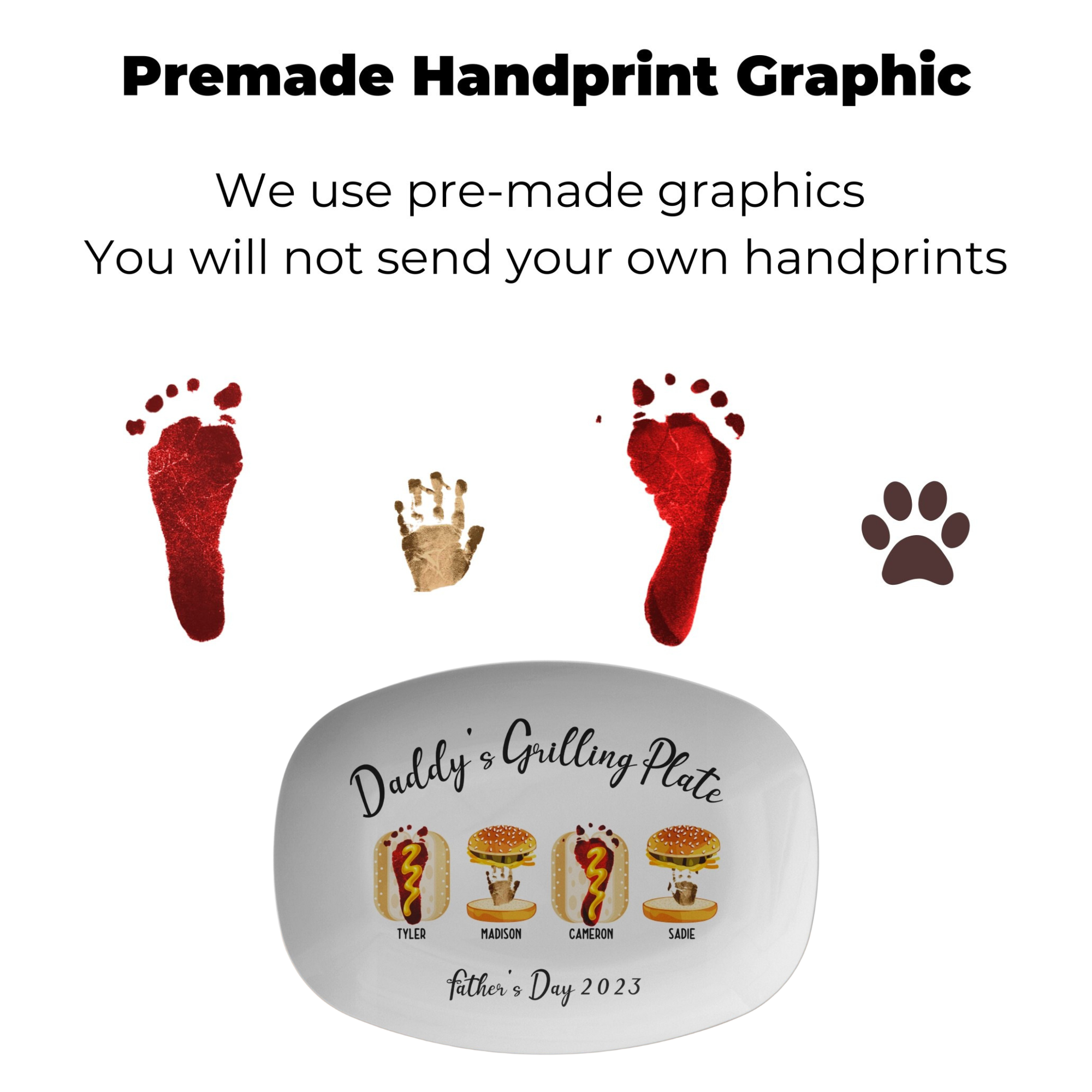 Custom Handprint and Footprint with Burger Hot Dog Grilling Plate - Personalized Father&