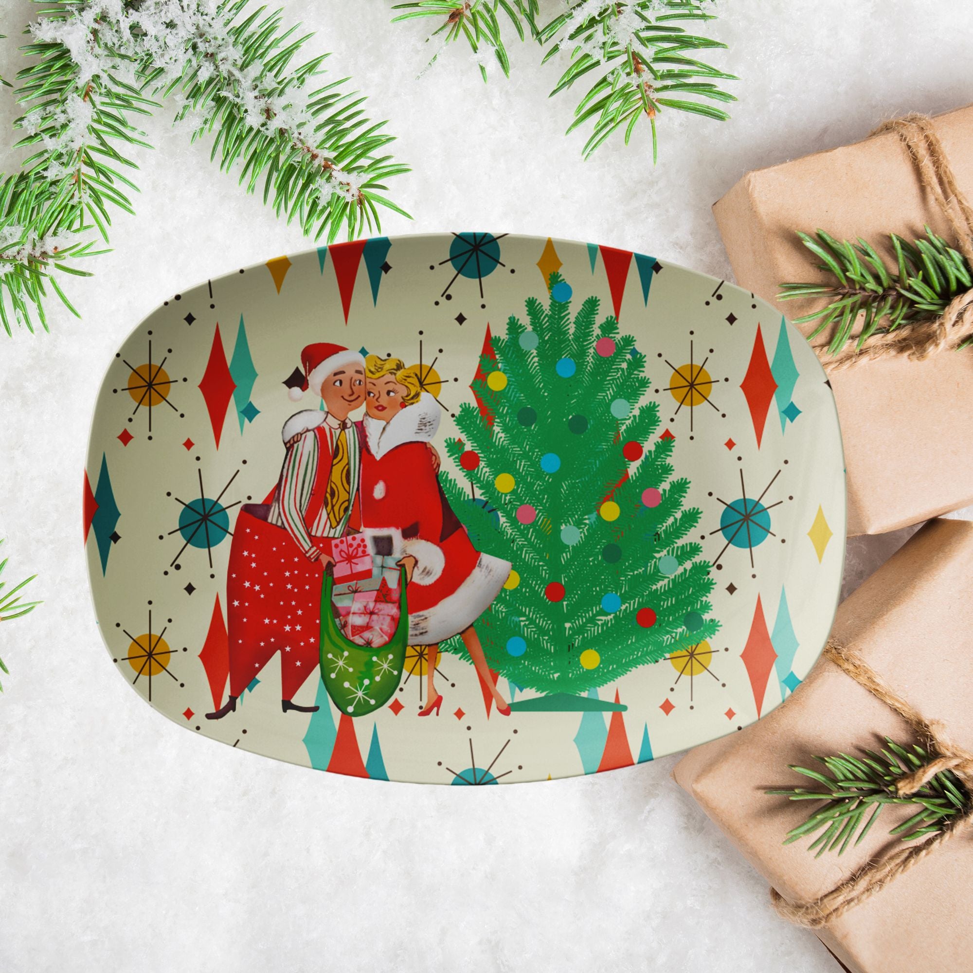 Retro Vintage 50s Christmas Platter Mid Century Modern Starburst Holiday Couple Dinnerware