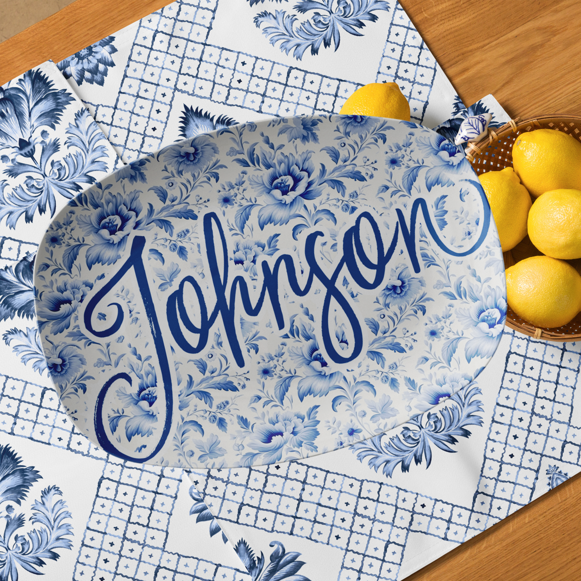 Personalized Blue Chinoiserie Family Name Platter, Custom Farmhouse Serving Tray