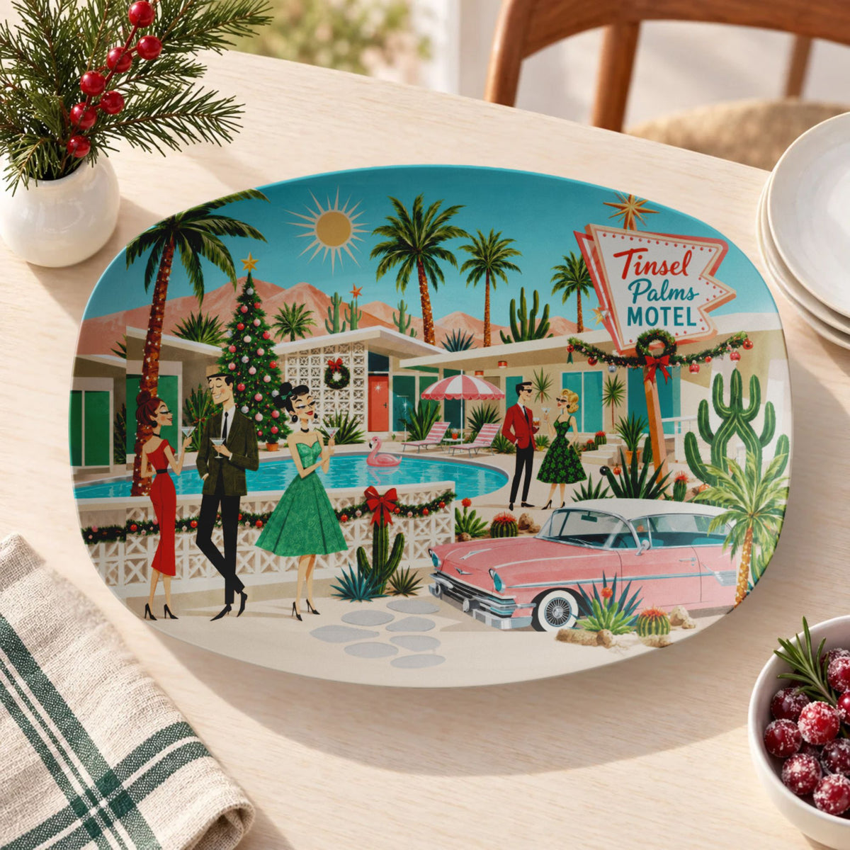 Tinsel Palms Motel Palm Springs Mid Century Modern Christmas Platter
