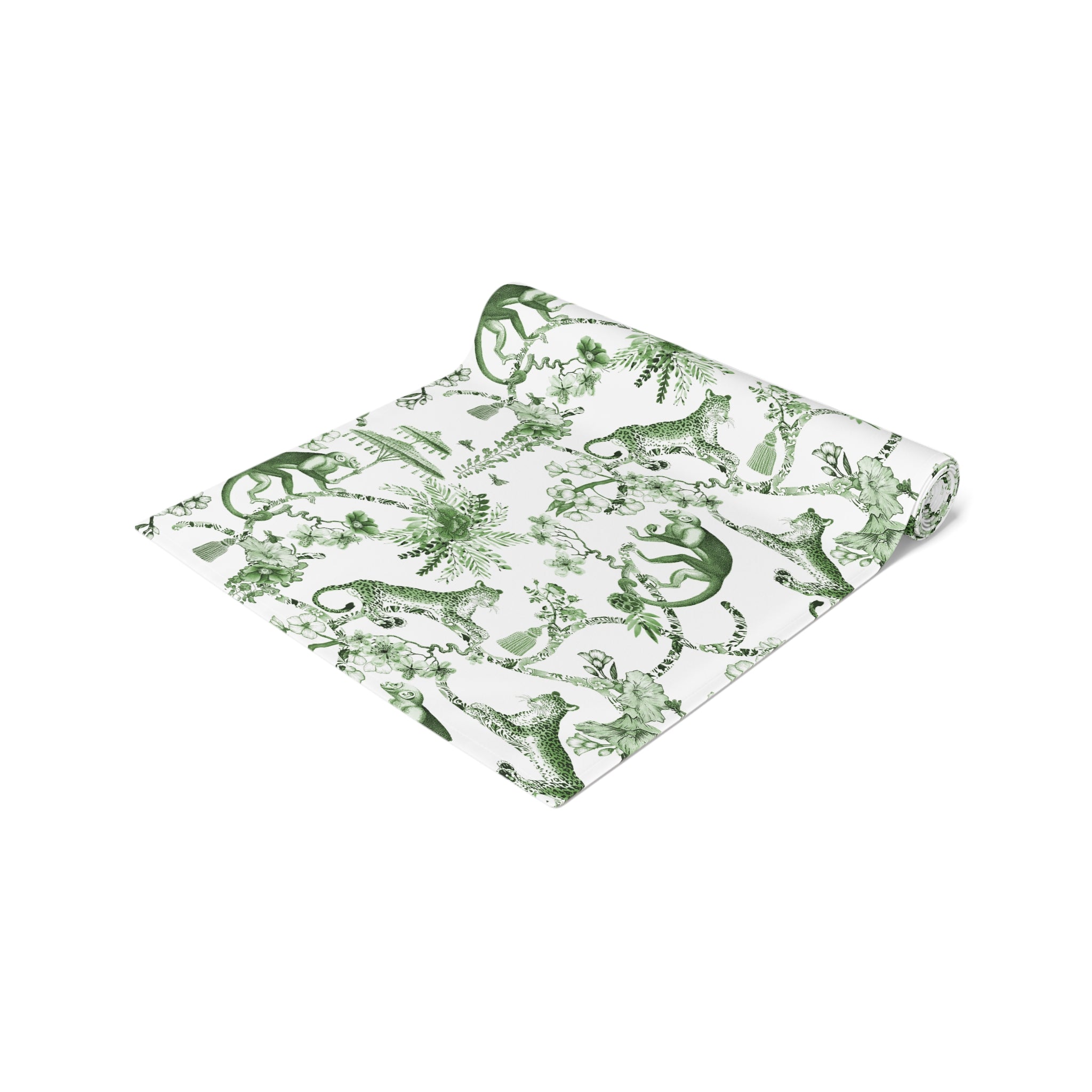 Chinoiserie Botanical Toile Floral Green, White Table Runner
