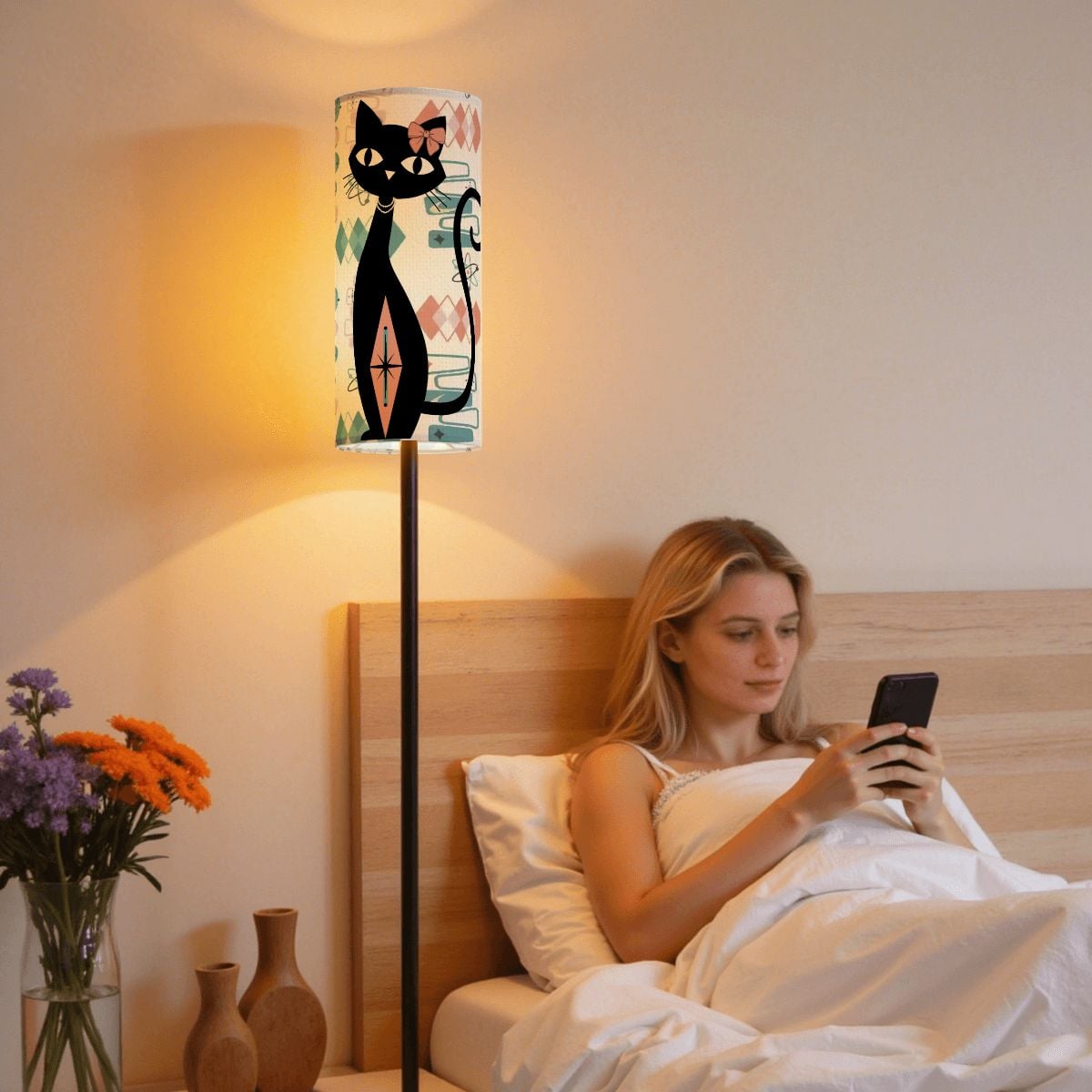 Atomic Cat Mid Century Modern Slim Floor Lamp, Retro 1950s Geometric Accent Lighting
