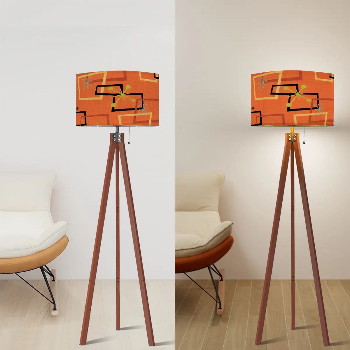 Mid Century Modern Orange Floor Lamp Atomic Retro Tripod Geometric Decor