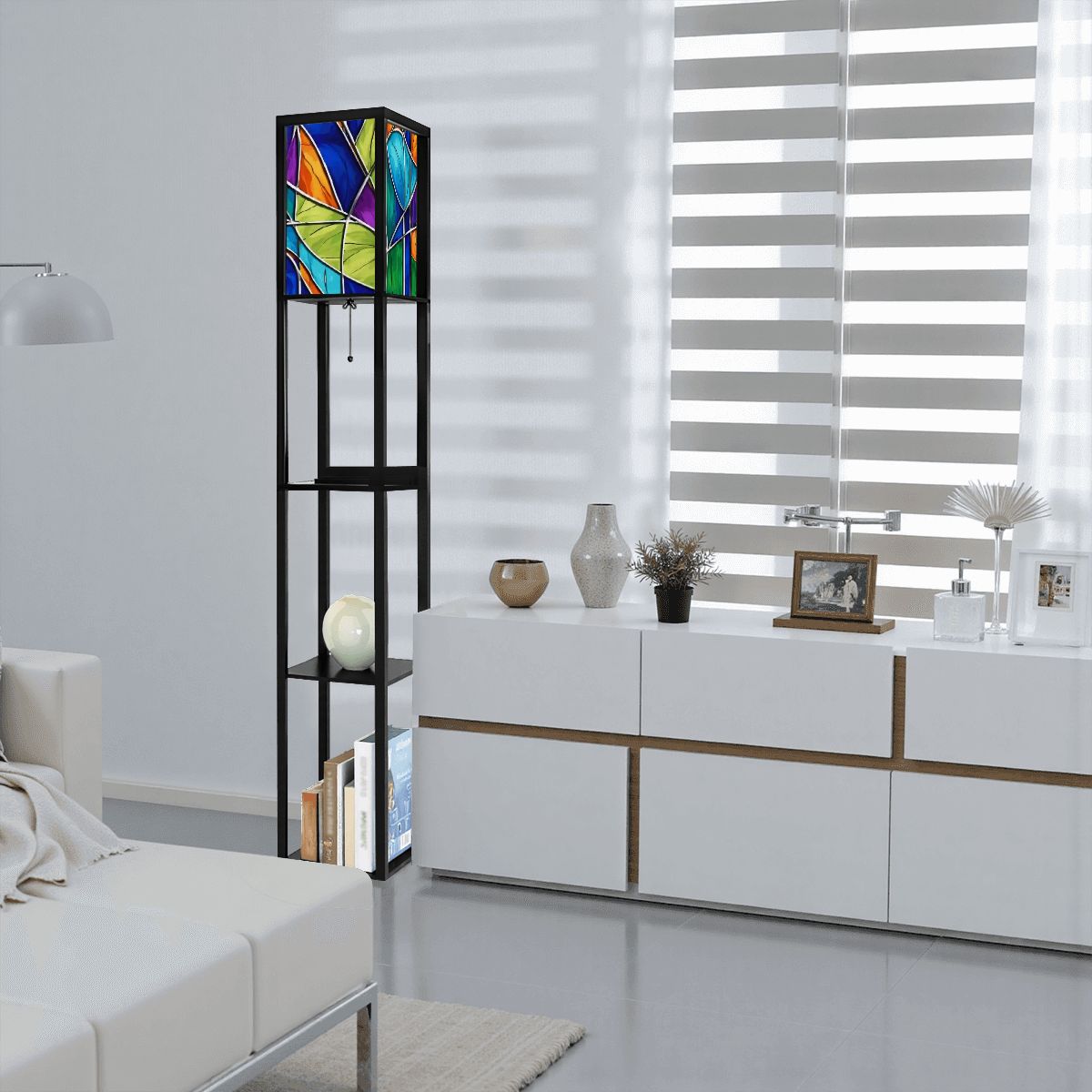 Mid Century Modern Faux Stained Glass Shade for Floor Lamp with Shelves