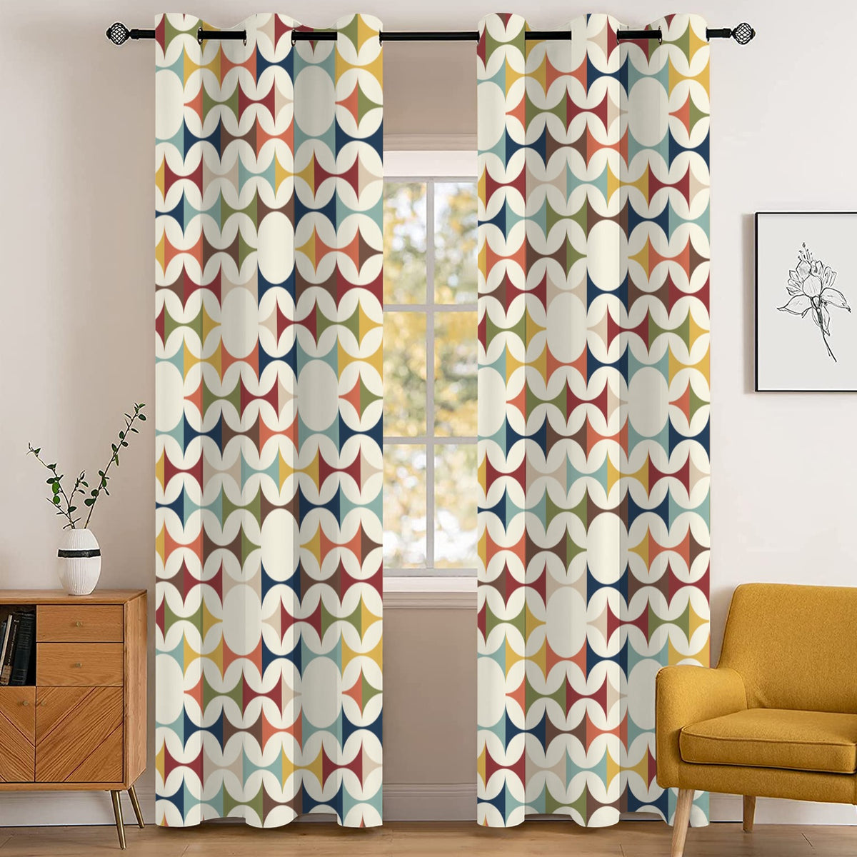 Mid Century Modern Scandinavian Geometric Grommet Curtain Panels