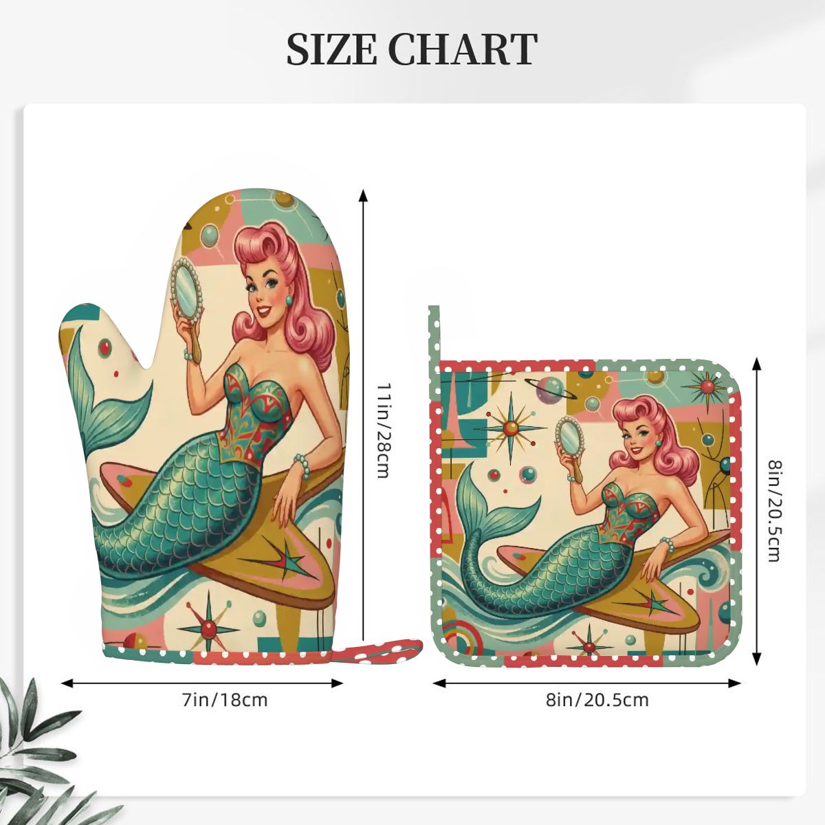 1950s Retro Mermaid Atomic Starburst Oven Mitt Pot Holder Set (Right)