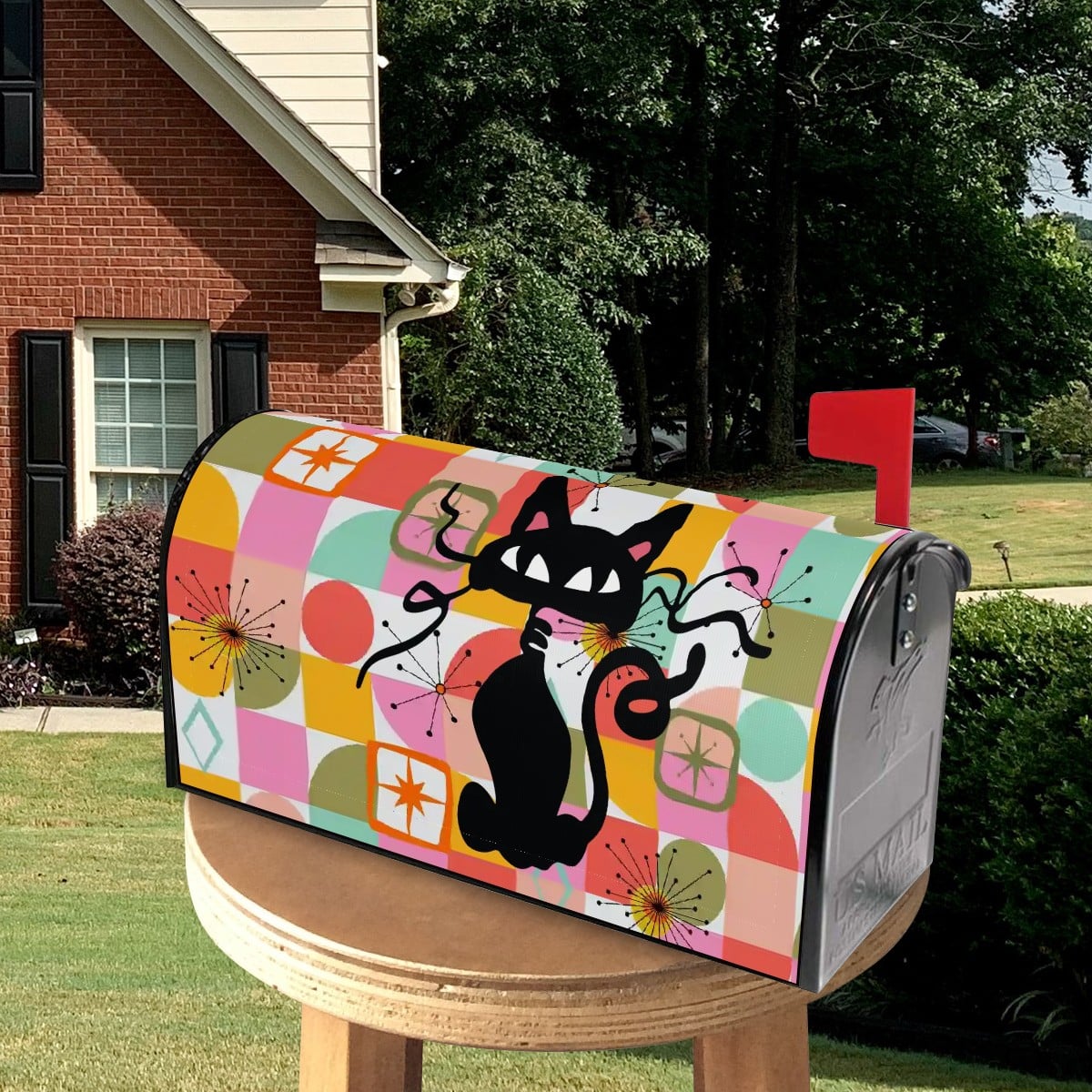 Retro Atomic Cat Kitschy MCM Magnetic Mailbox Cover