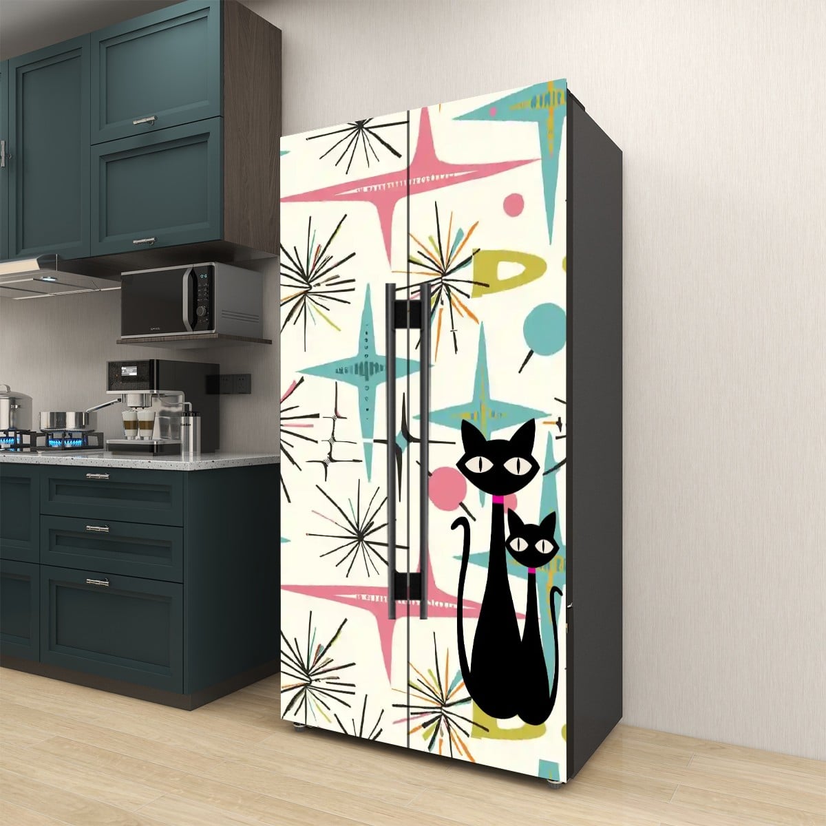 Retro Atomic Cat Starburst Mid Century Modern Refrigerator Wrap