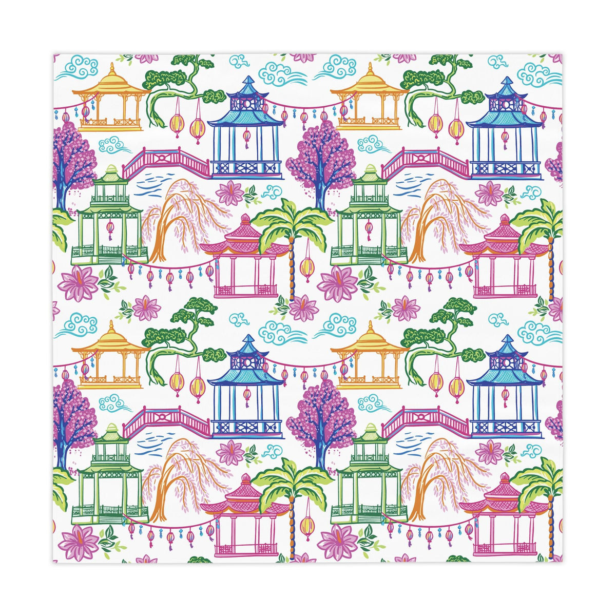 Chinoiserie Pagoda Lantern Tablecloth, Colorful Asian Garden Dining Linen