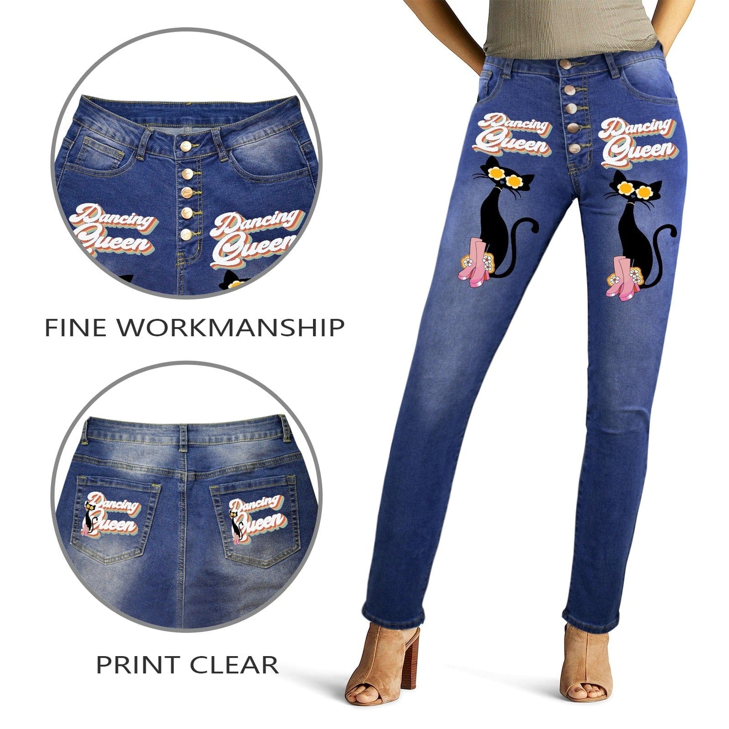 interestprint Retro Boho Atomic Cat Dancing Queen Denim Jeans Jeans