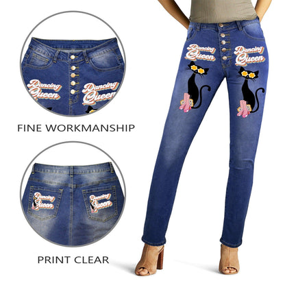 interestprint Retro Boho Atomic Cat Dancing Queen Denim Jeans Jeans
