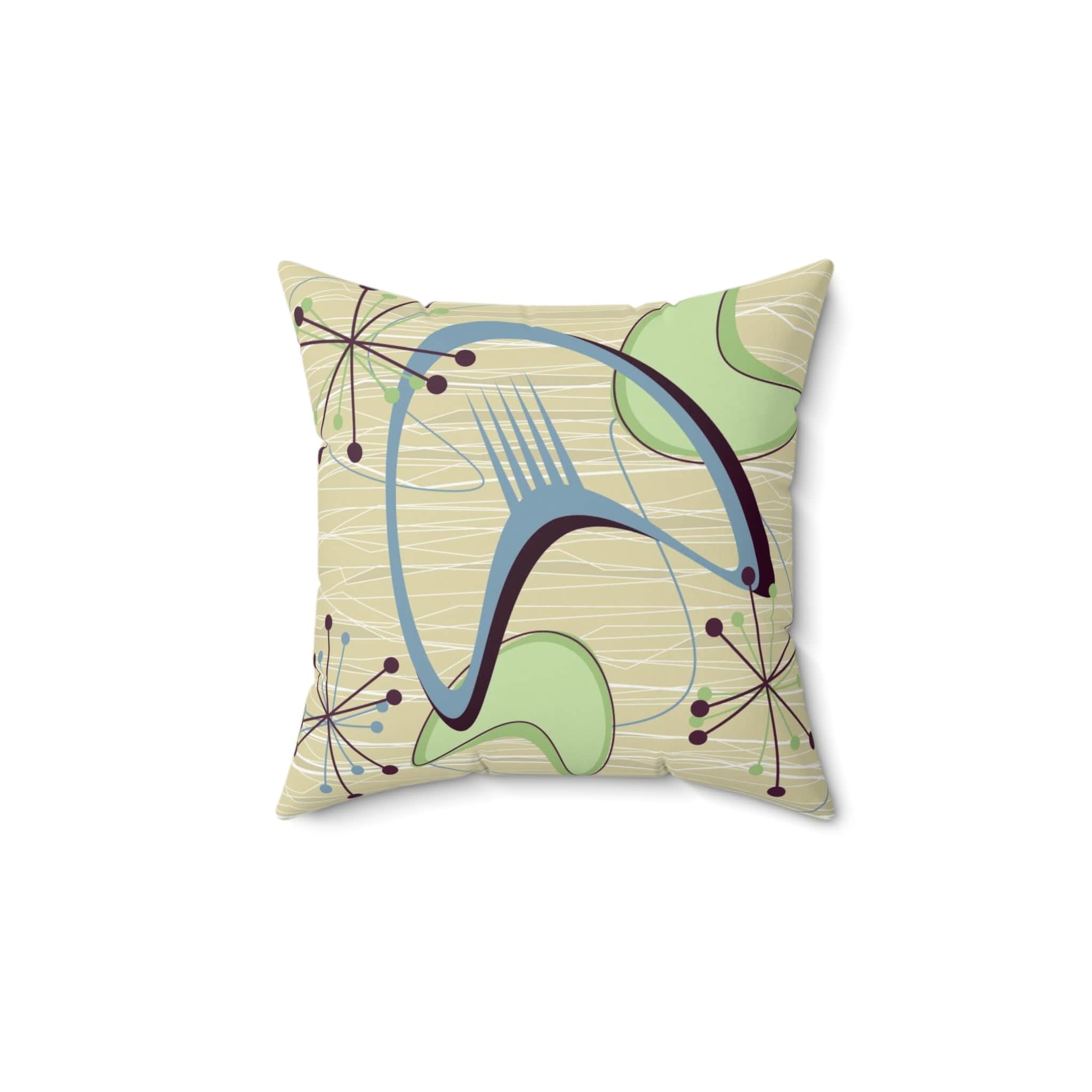 Kate McEnroe New York 1950s Atomic Boomerang Mid Century Modern Throw Pillow in Retro Vintage Beige, Blue, Green Geometric Starbursts, MCM Abstract Accent PillowThrow Pillows15003298257363880645