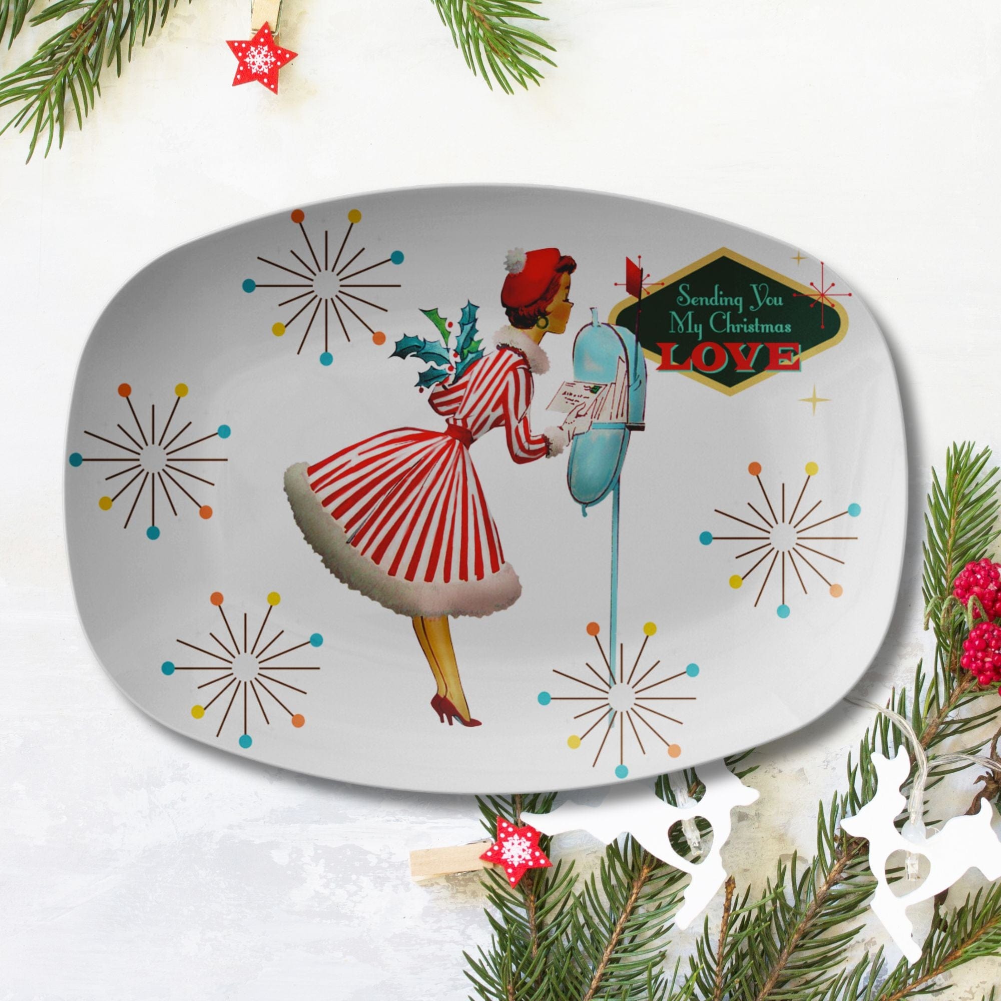 Kate McEnroe New York 1950s Kitsch Retro Vintage Christmas Card Art Mid Century Serving PlatterServing PlattersP23 - VIN - WOM - 65