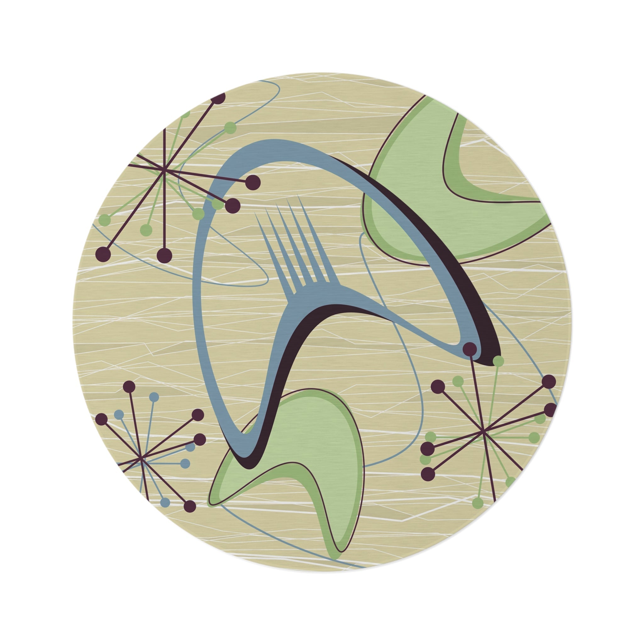 Kate McEnroe New York 1950s Mid Century Modern Atomic Boomerang Round Rug, MCM Retro Vintage Beige, Blue Green Geometric Starburst Living Room, Bedroom Accent RugRugs22975511523132915274