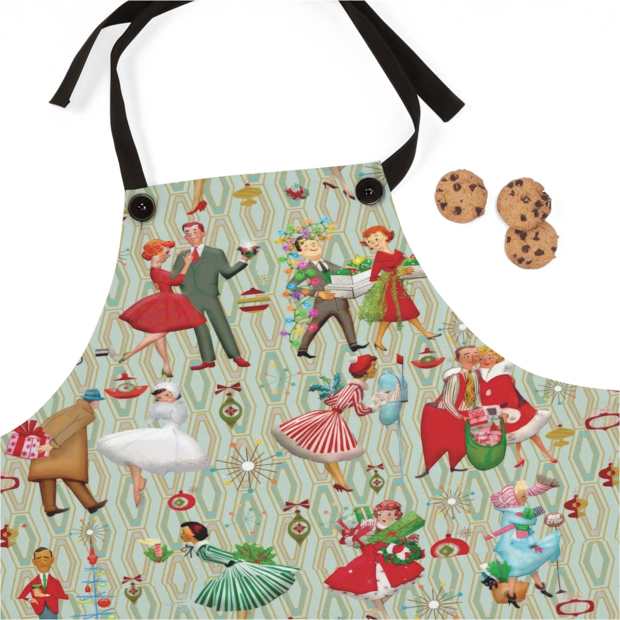 Kate McEnroe New York 1950s Retro Vintage Christmas Apron, Mid Century Modern Green, Red, Festive Kitchen WearAprons22953637244634347067