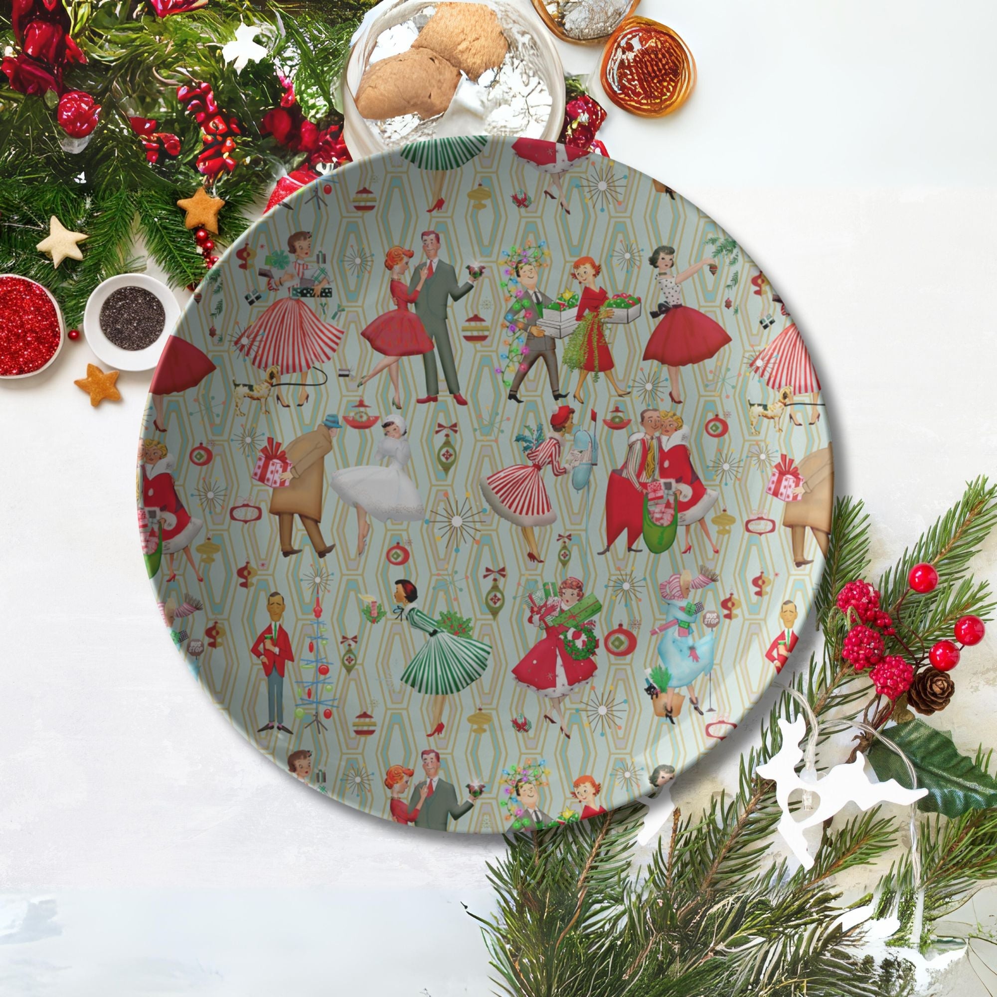 Kate McEnroe New York 1950s Retro Vintage Christmas Dinner Plate, Mid Century Modern Green, Red, Women, Ladies, Housewives Holiday Party DishPlates9820SINGLE